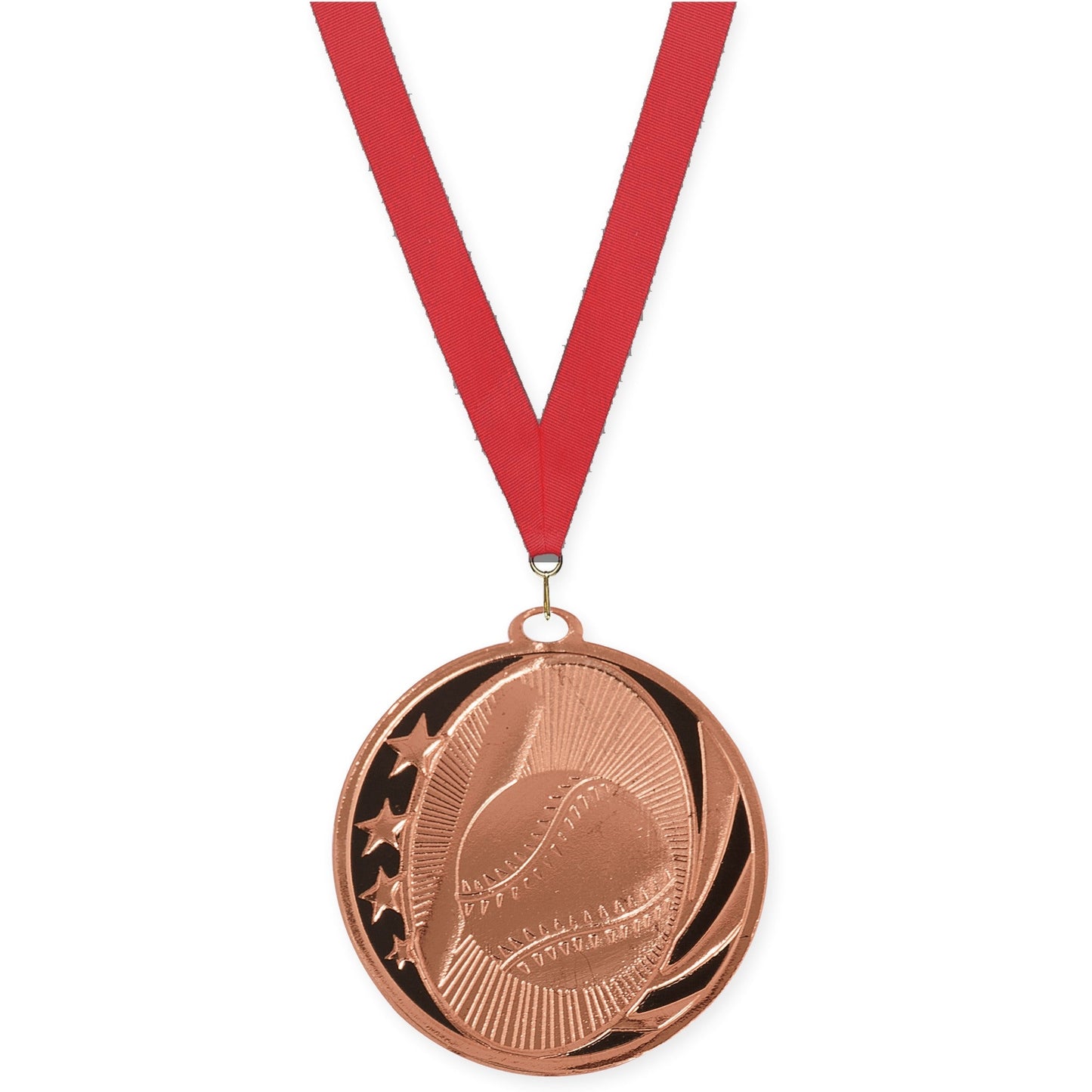2 inch baseball and softball MidNite Star medal in bright bronze with Red neck ribbon