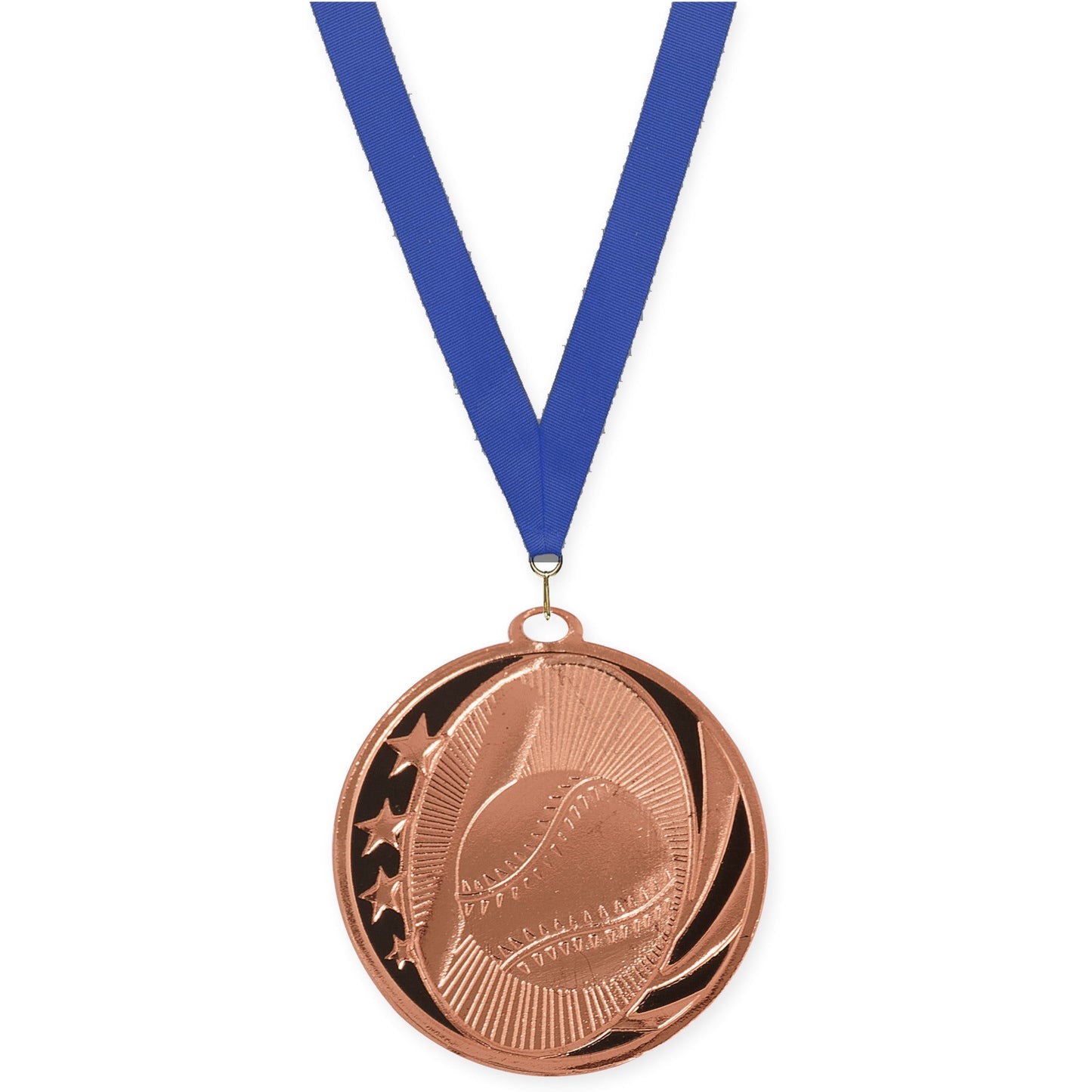 2 inch baseball and softball MidNite Star medal in bright bronze with Blue neck ribbon