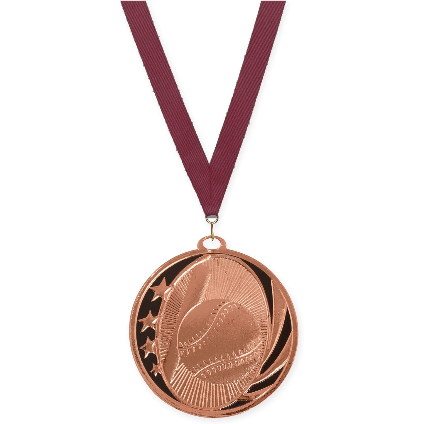 2 inch baseball and softball MidNite Star medal in bright bronze with Maroon neck ribbon