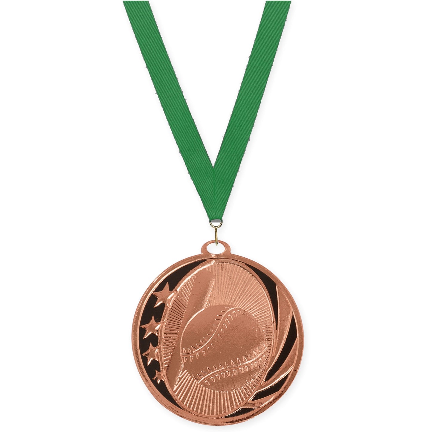 2 inch baseball and softball MidNite Star medal in bright bronze with Green neck ribbon