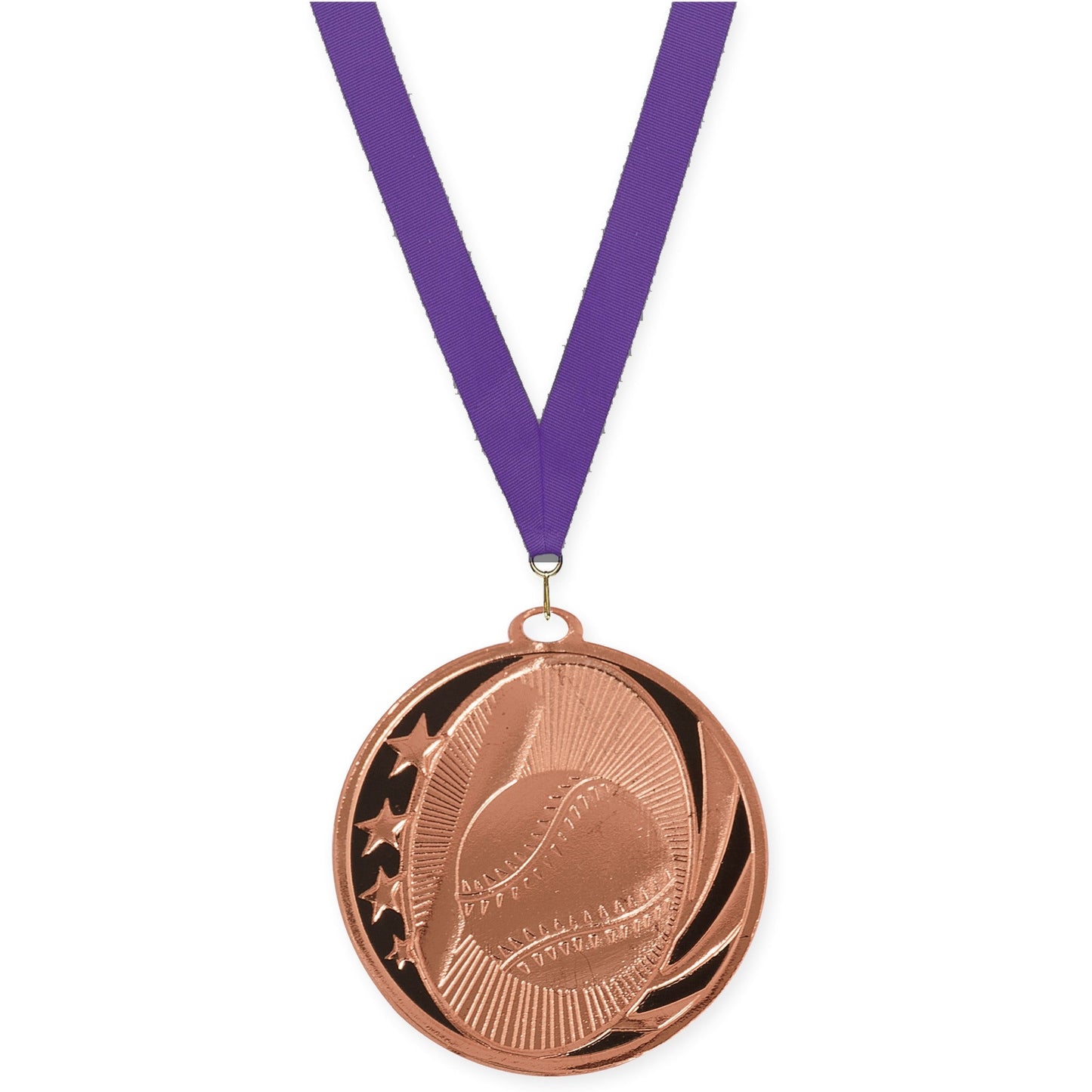 2 inch baseball and softball MidNite Star medal in bright bronze with Purple neck ribbon