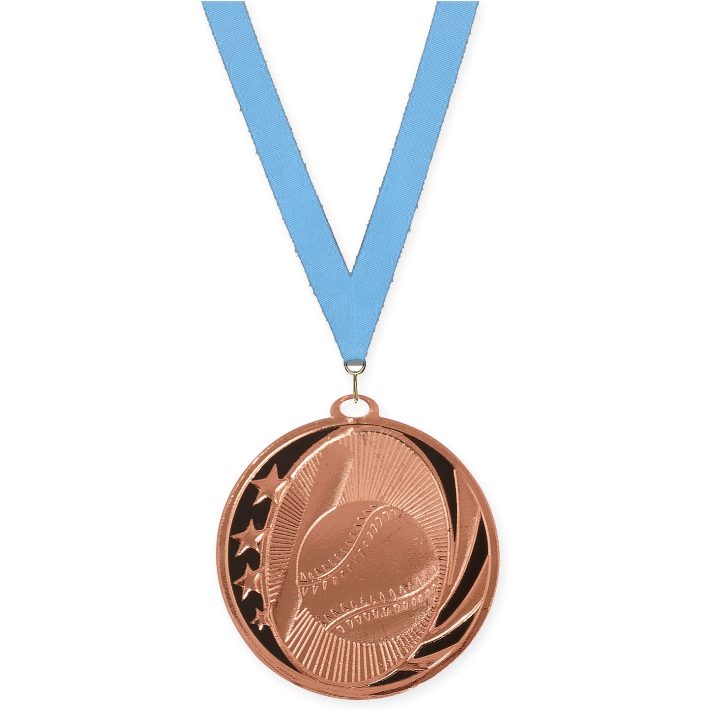 2 inch baseball and softball MidNite Star medal in bright bronze with Light Blue neck ribbon