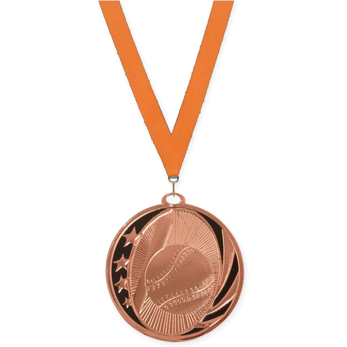 2 inch baseball and softball MidNite Star medal in bright bronze with Orange neck ribbon