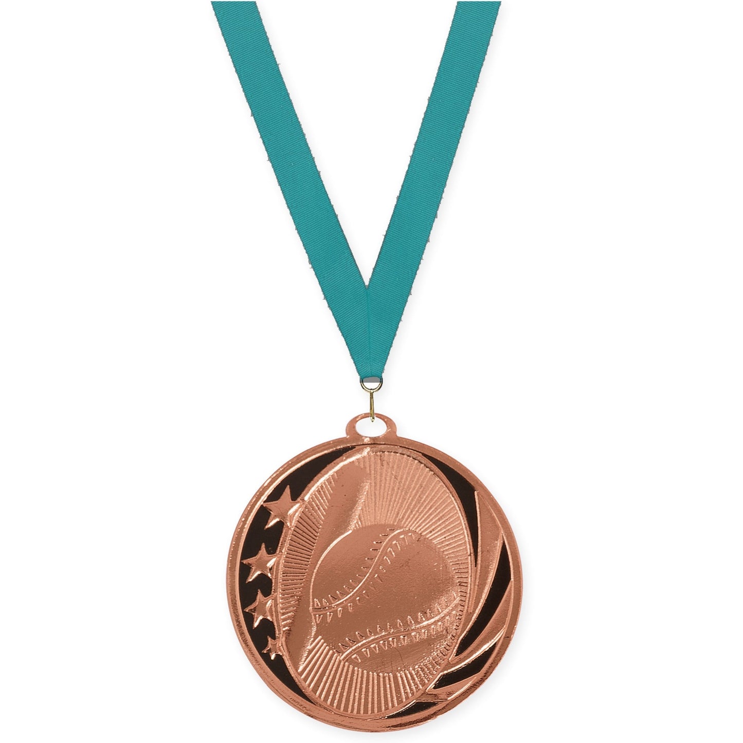 2 inch baseball and softball MidNite Star medal in bright bronze with Teal neck ribbon