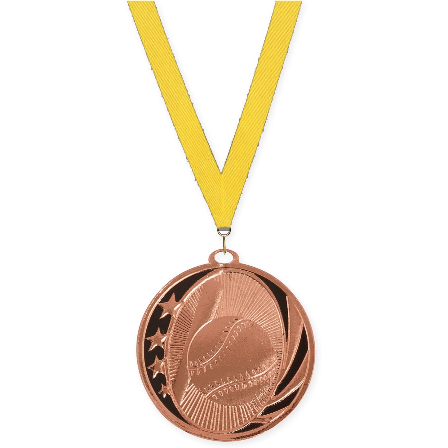 2 inch baseball and softball MidNite Star medal in bright bronze with Yellow neck ribbon