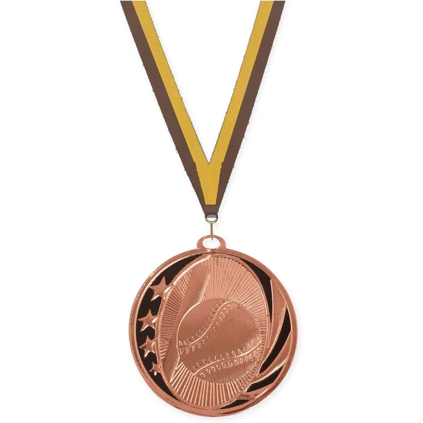 2 inch baseball and softball MidNite Star medal in bright bronze with Brown Gold neck ribbon