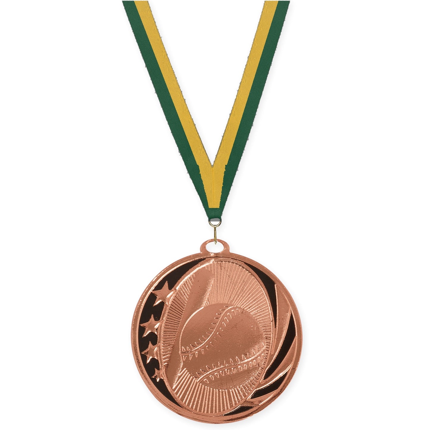 2 inch baseball and softball MidNite Star medal in bright bronze with Hunter Green Gold neck ribbon