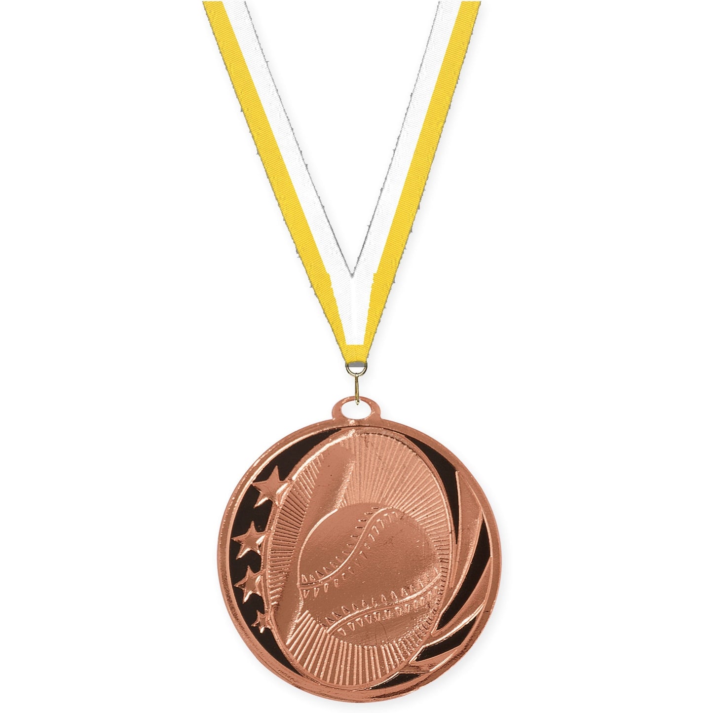 2 inch baseball and softball MidNite Star medal in bright bronze with Yellow White neck ribbon