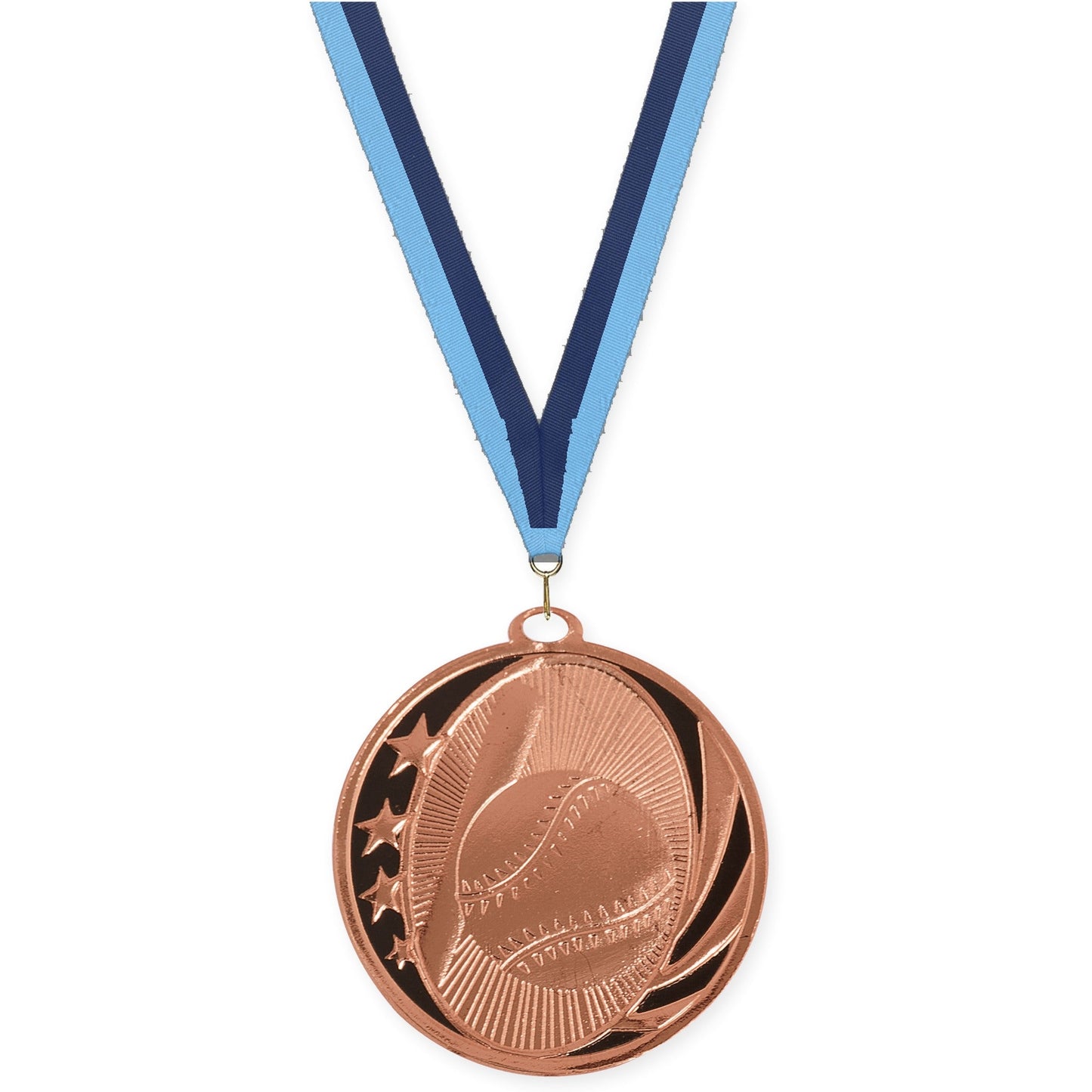 2 inch baseball and softball MidNite Star medal in bright bronze with Light Blue Navy neck ribbon