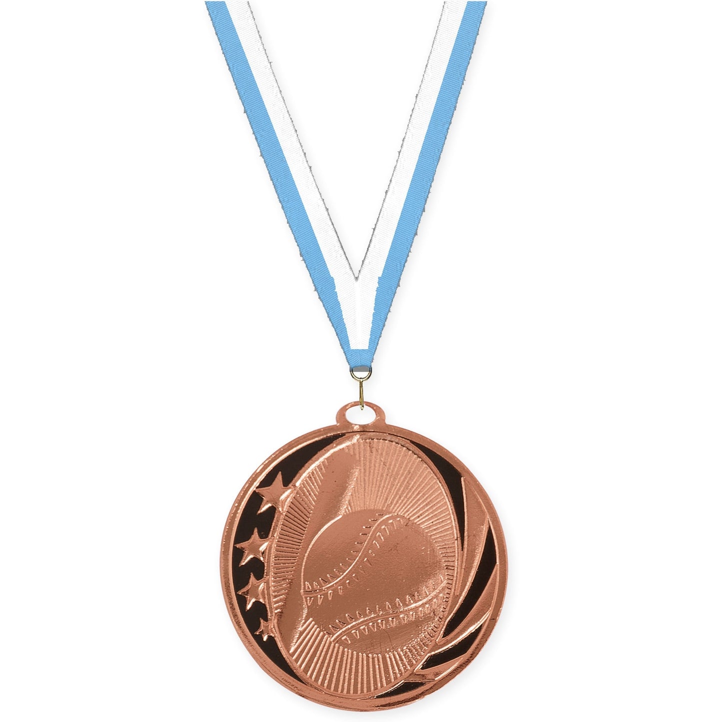 2 inch baseball and softball MidNite Star medal in bright bronze with Light Blue White neck ribbon