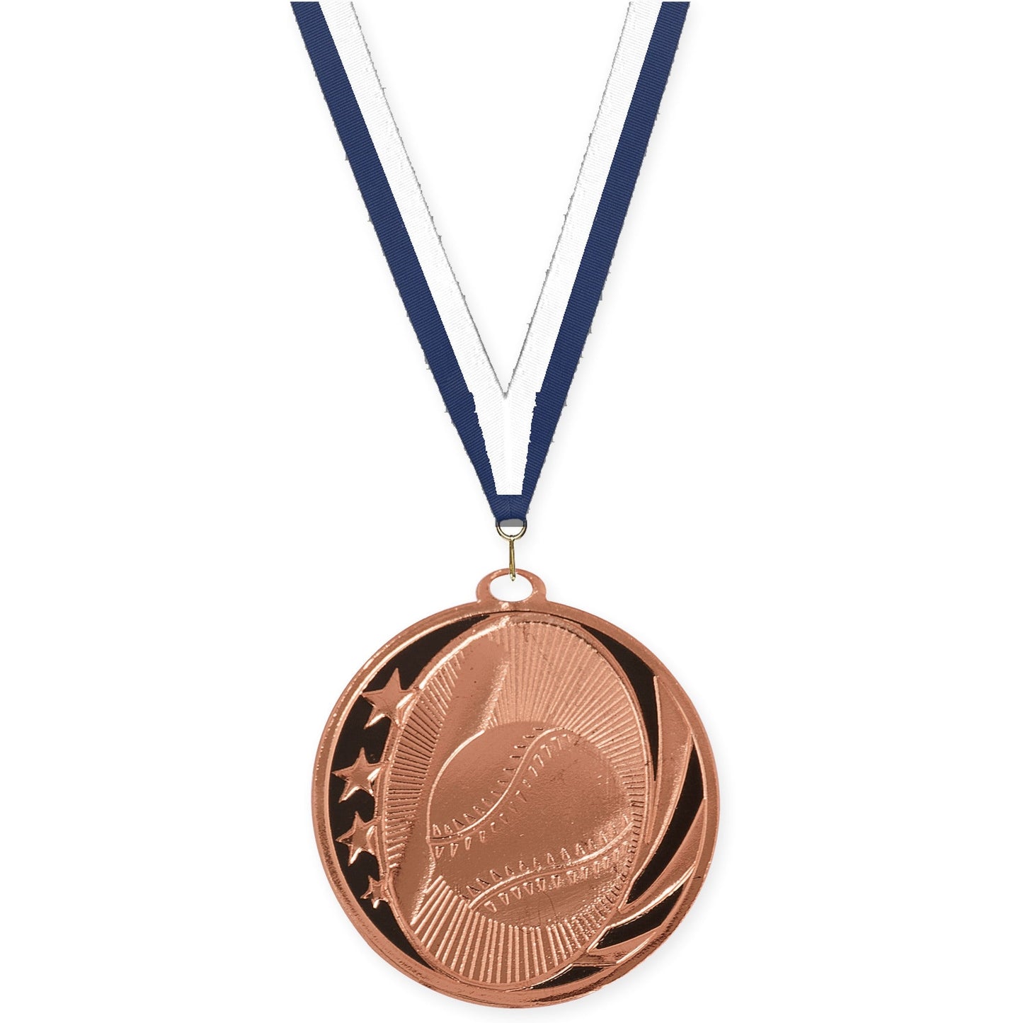 2 inch baseball and softball MidNite Star medal in bright bronze with Navy White neck ribbon