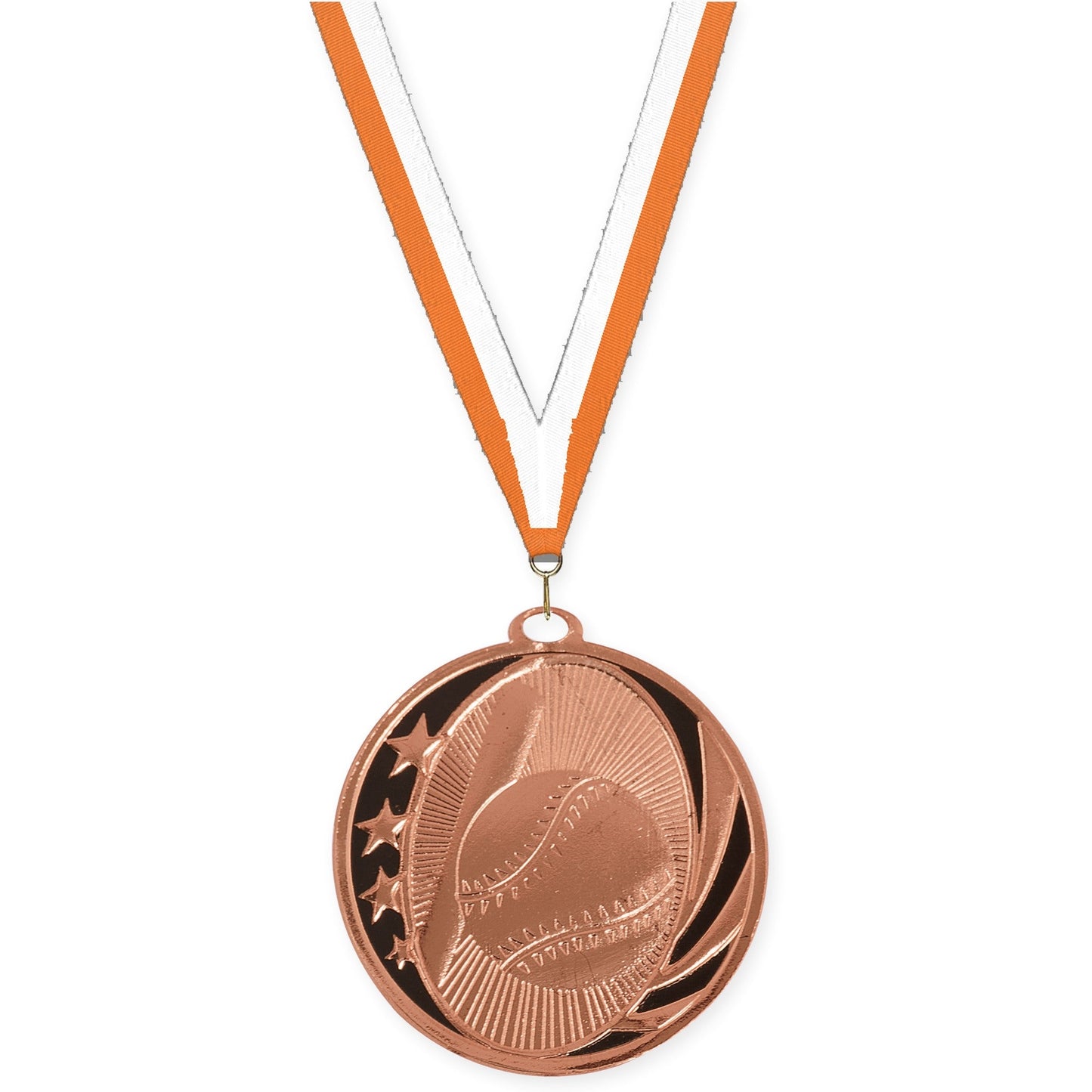 2 inch baseball and softball MidNite Star medal in bright bronze with Orange White neck ribbon