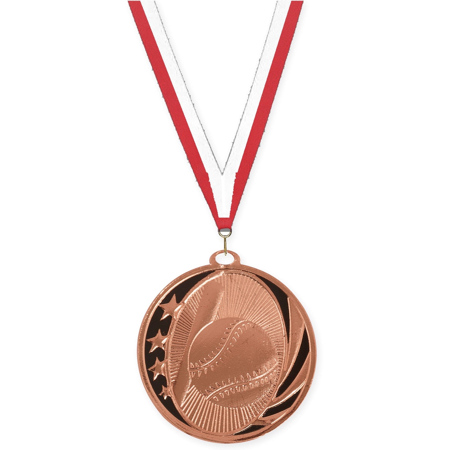 2 inch baseball and softball MidNite Star medal in bright bronze with Red White neck ribbon