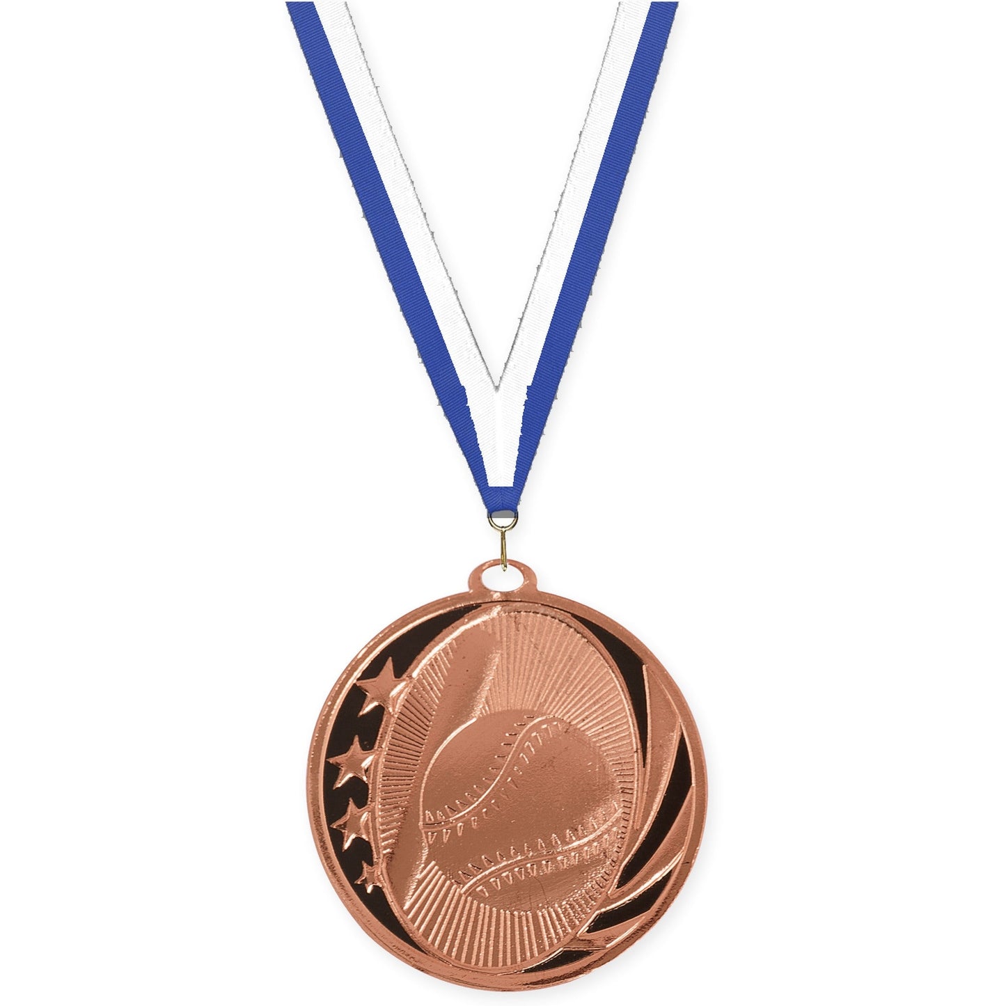 2 inch baseball and softball MidNite Star medal in bright bronze with Blue White neck ribbon