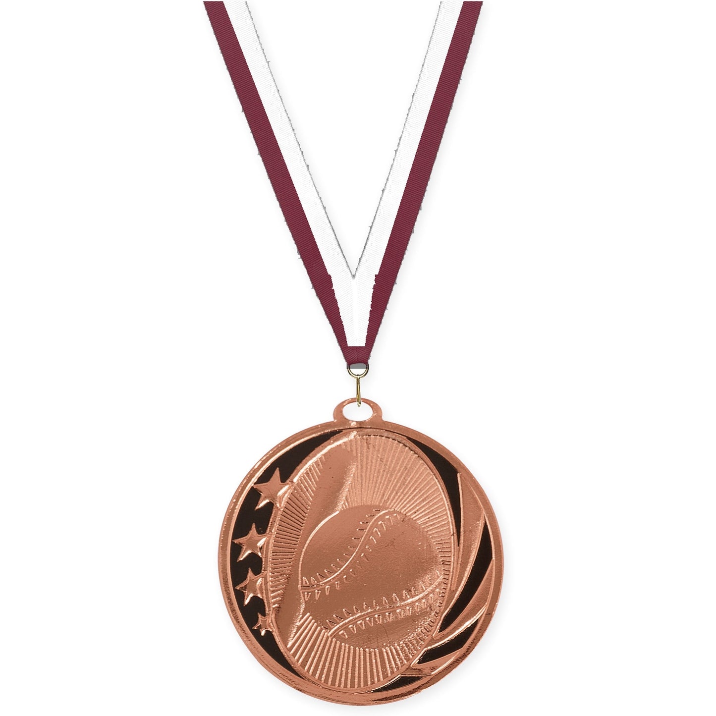2 inch baseball and softball MidNite Star medal in bright bronze with Maroon White neck ribbon