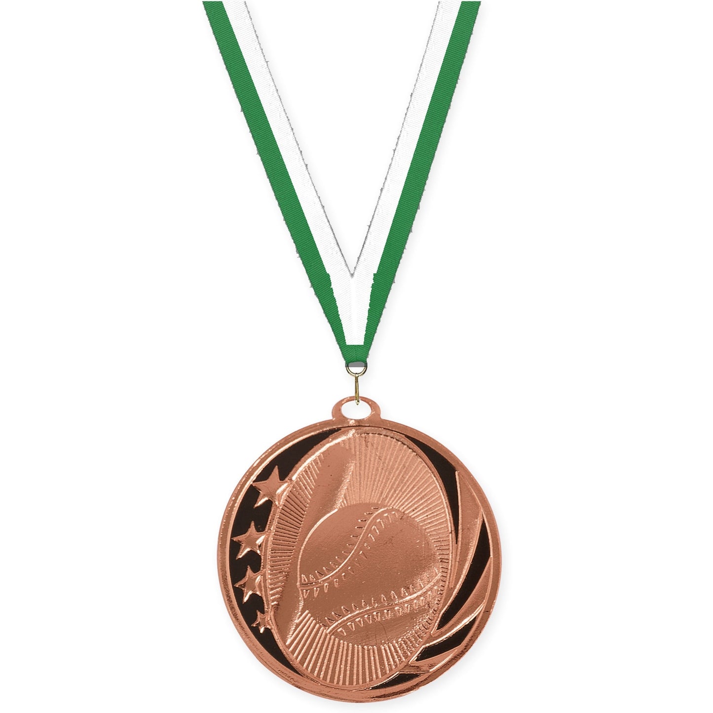 2 inch baseball and softball MidNite Star medal in bright bronze with Green White neck ribbon