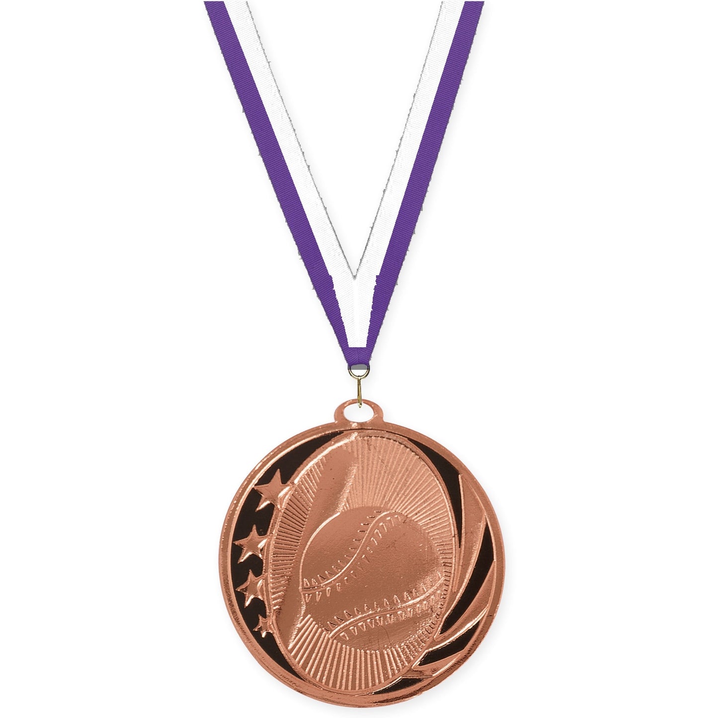 2 inch baseball and softball MidNite Star medal in bright bronze with Purple White neck ribbon