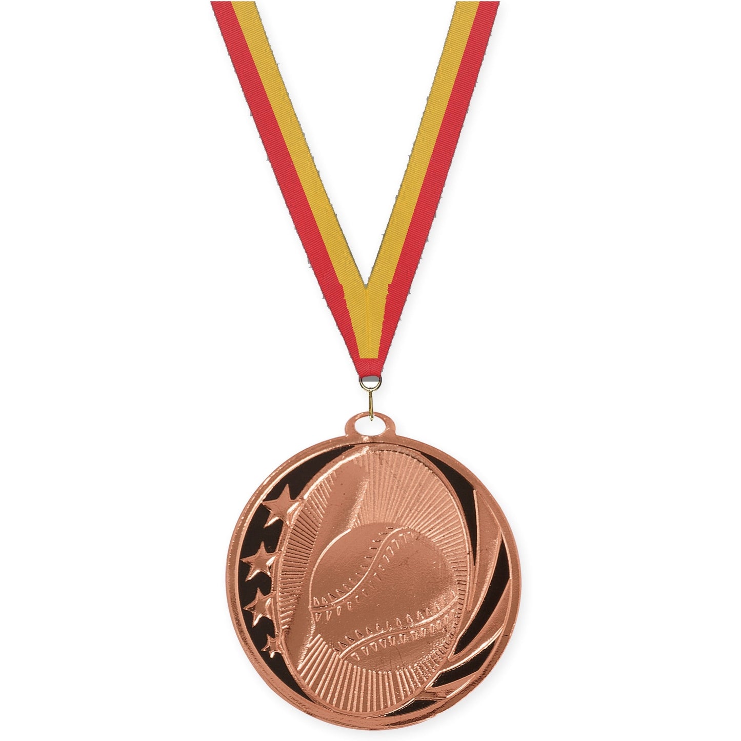 2 inch baseball and softball MidNite Star medal in bright bronze with Red Gold neck ribbon