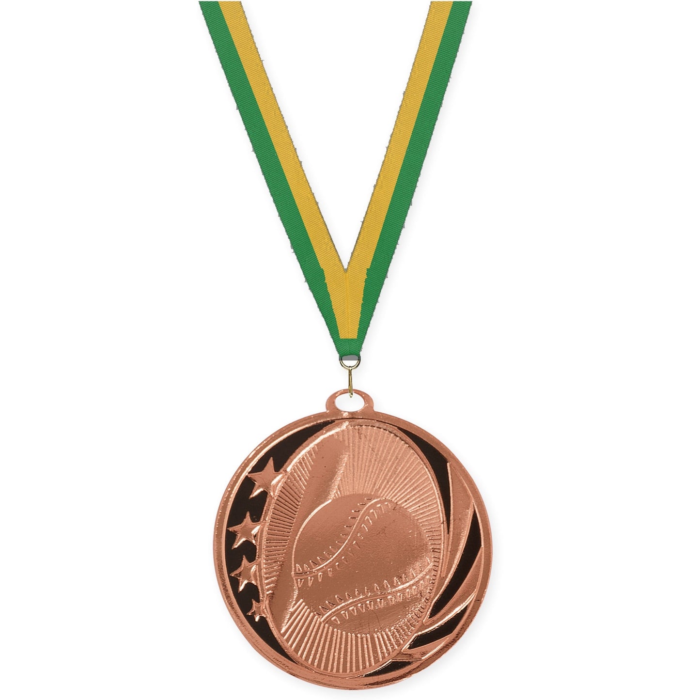 2 inch baseball and softball MidNite Star medal in bright bronze with Green Gold neck ribbon