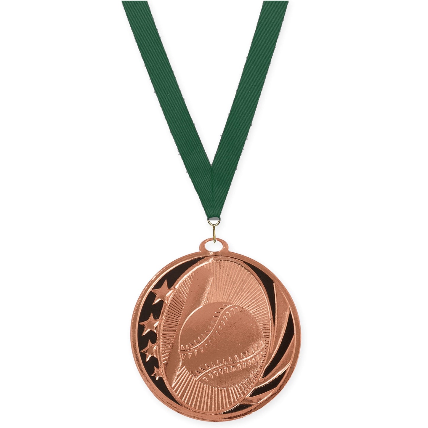 2 inch baseball and softball MidNite Star medal in bright bronze with Hunter Green neck ribbon