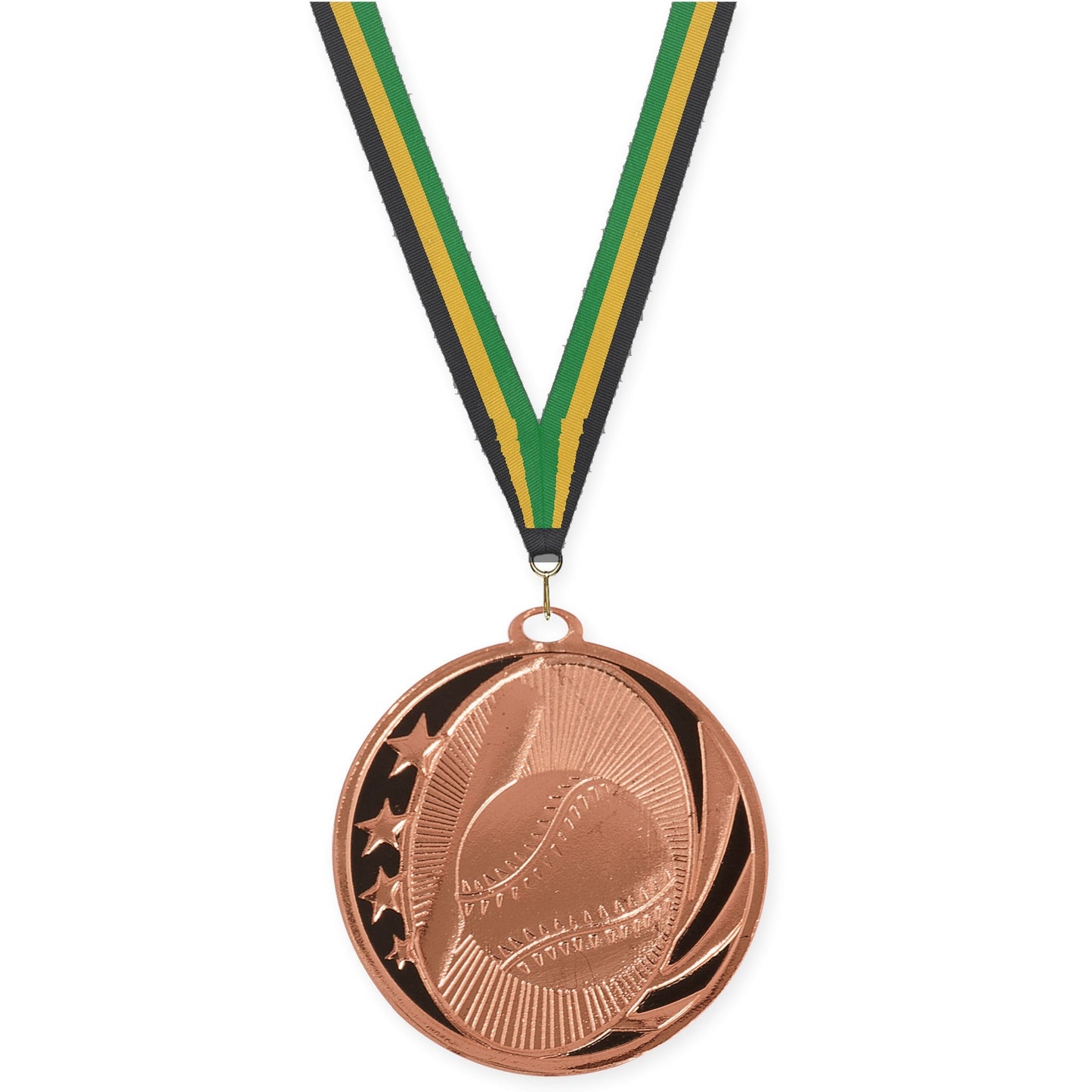 2 inch baseball and softball MidNite Star medal in bright bronze with Black Gold Green neck ribbon