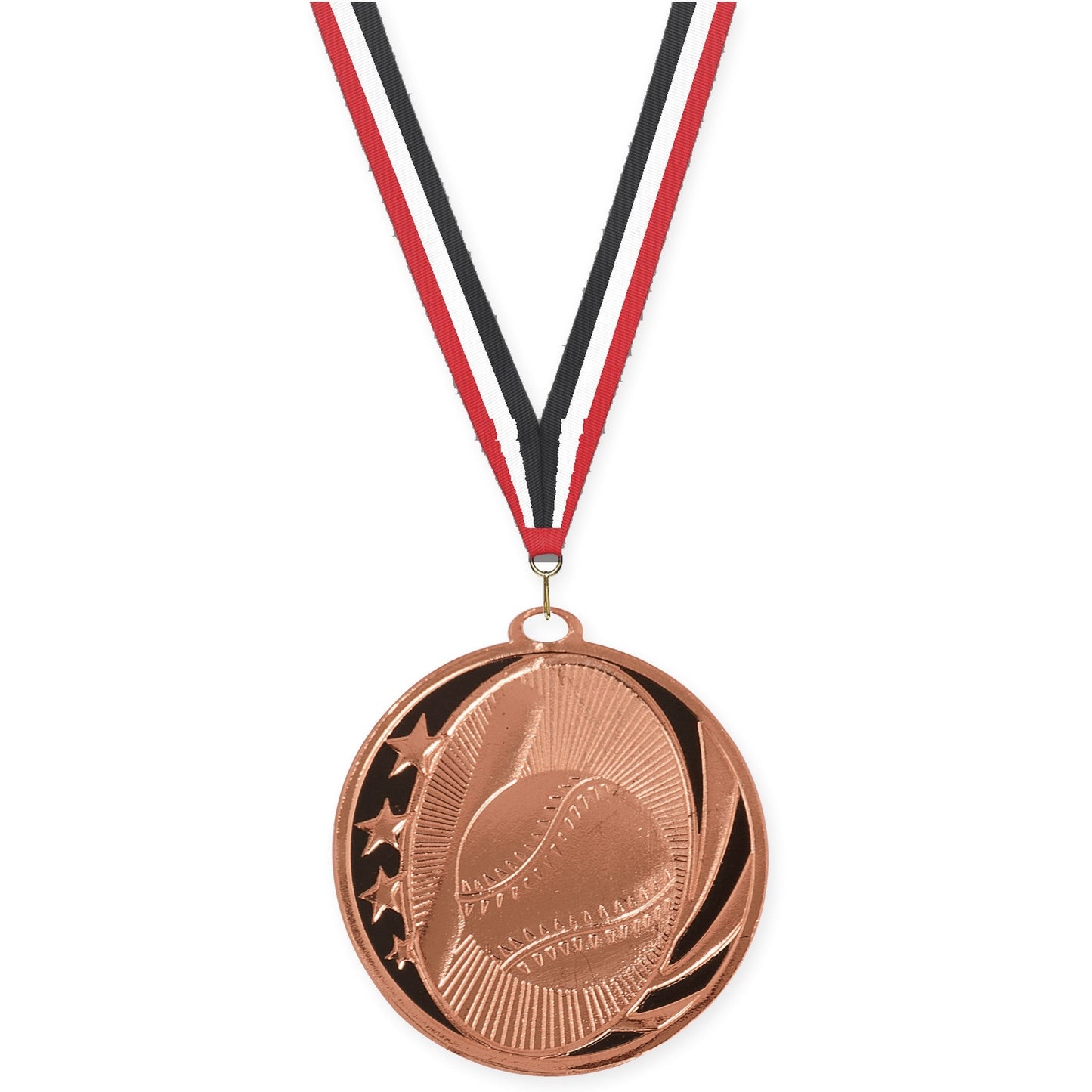 2 inch baseball and softball MidNite Star medal in bright bronze with Red White Black neck ribbon