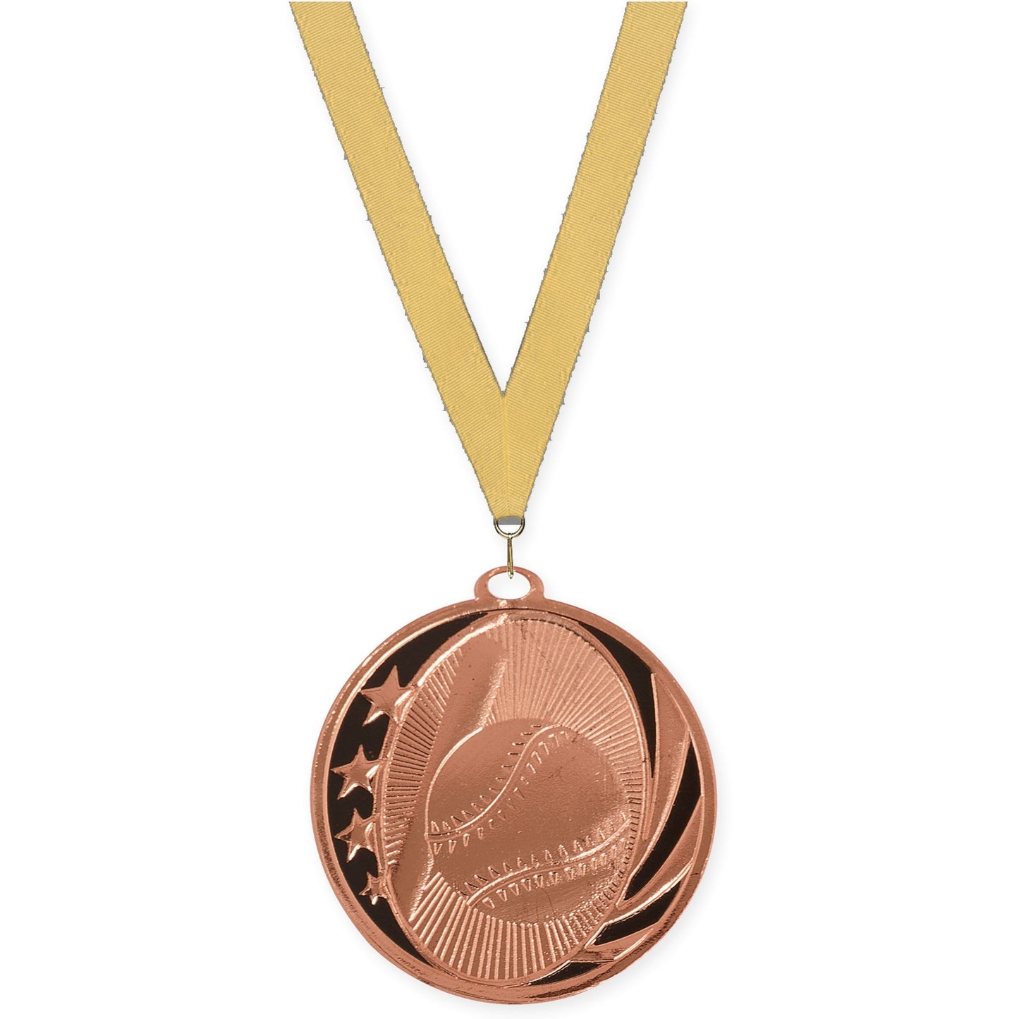2 inch baseball and softball MidNite Star medal in bright bronze with Gold Metallic neck ribbon