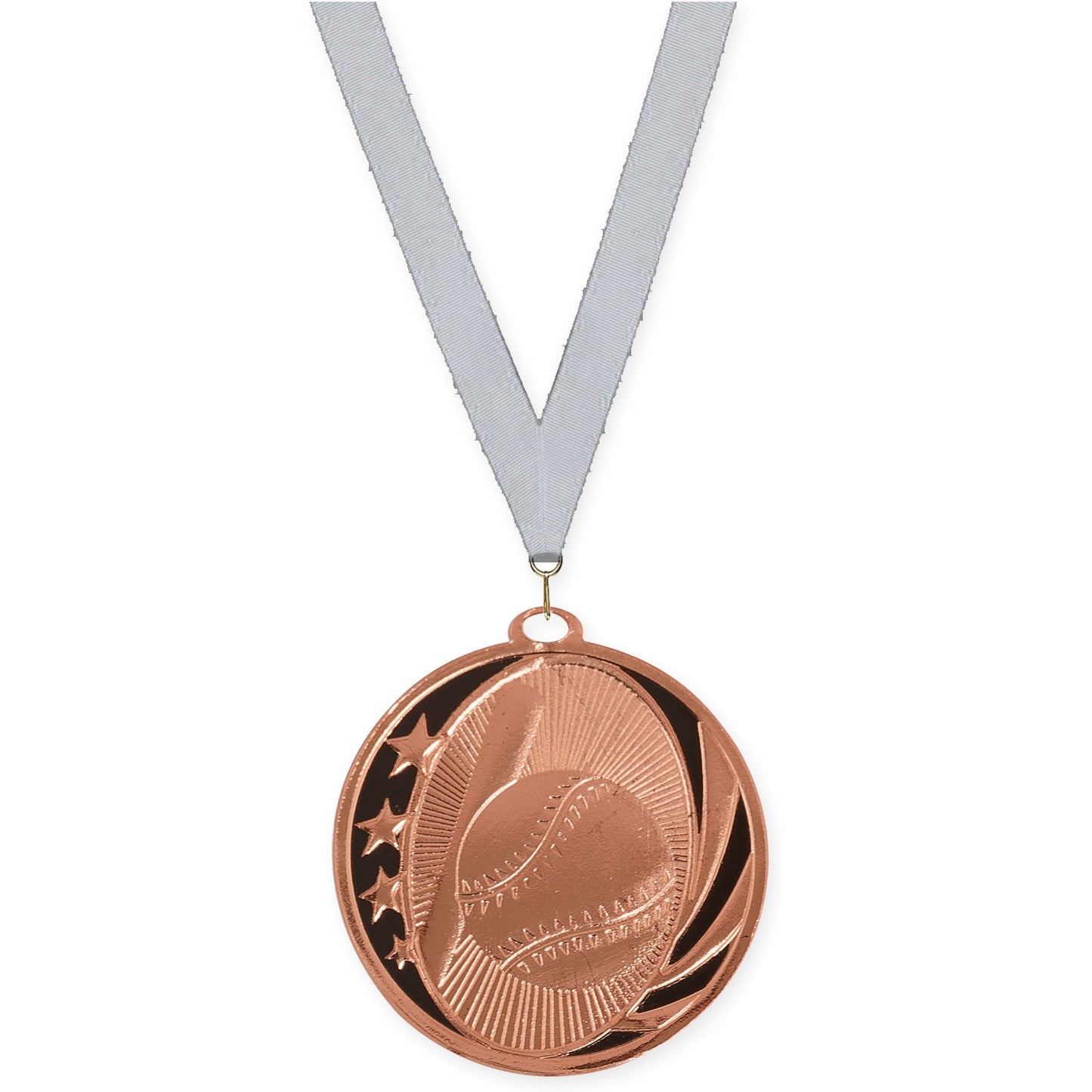 2 inch baseball and softball MidNite Star medal in bright bronze with Silver Metallic neck ribbon