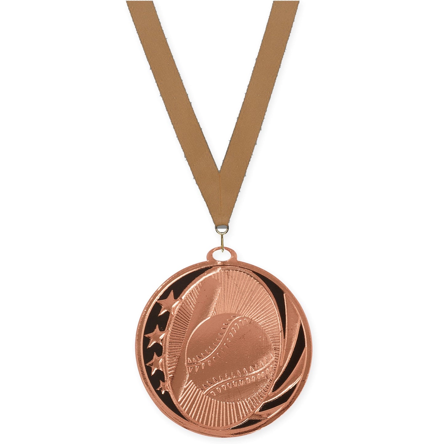 2 inch baseball and softball MidNite Star medal in bright bronze with Bronze Metallic neck ribbon
