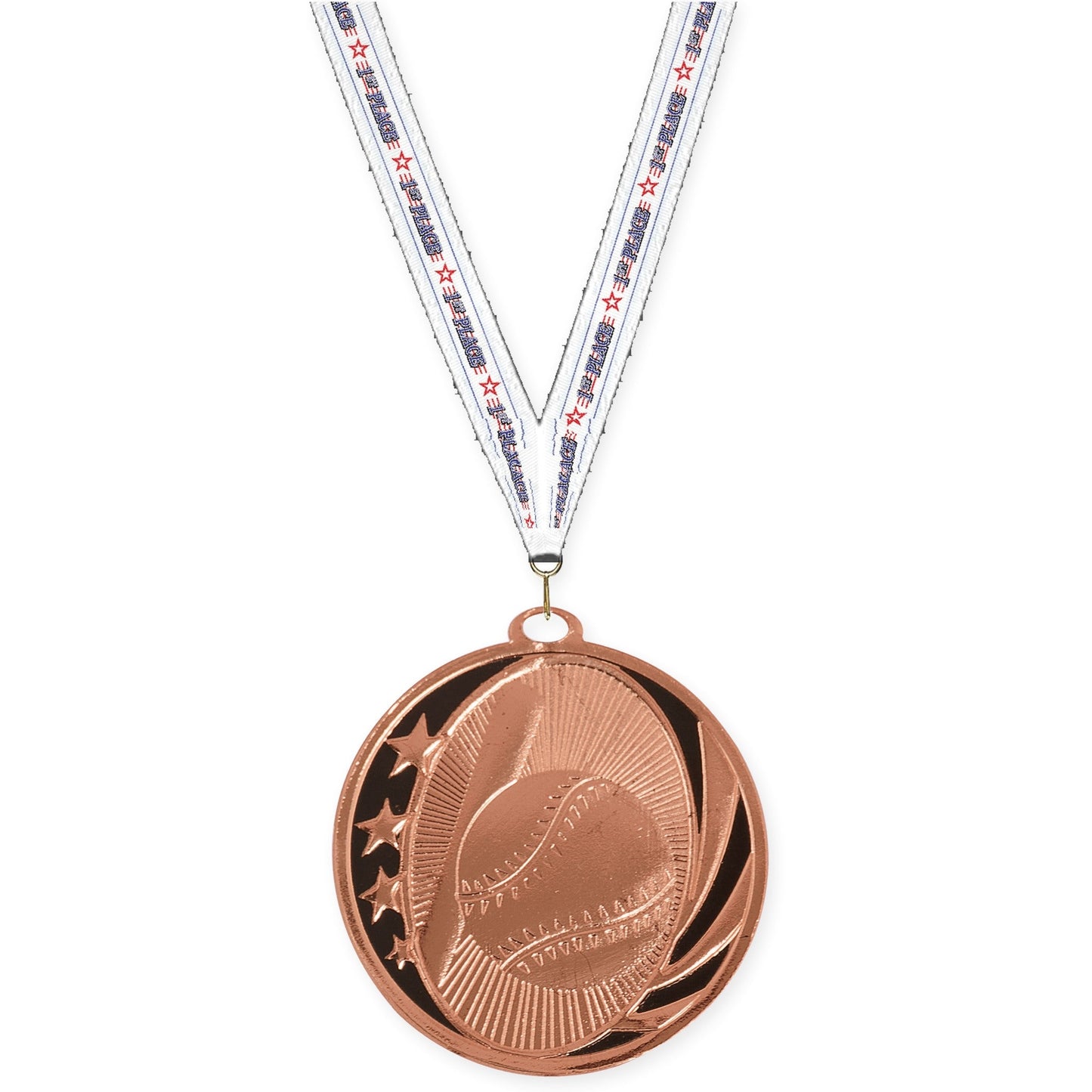 2 inch baseball and softball MidNite Star medal in bright bronze with 1st Place neck ribbon