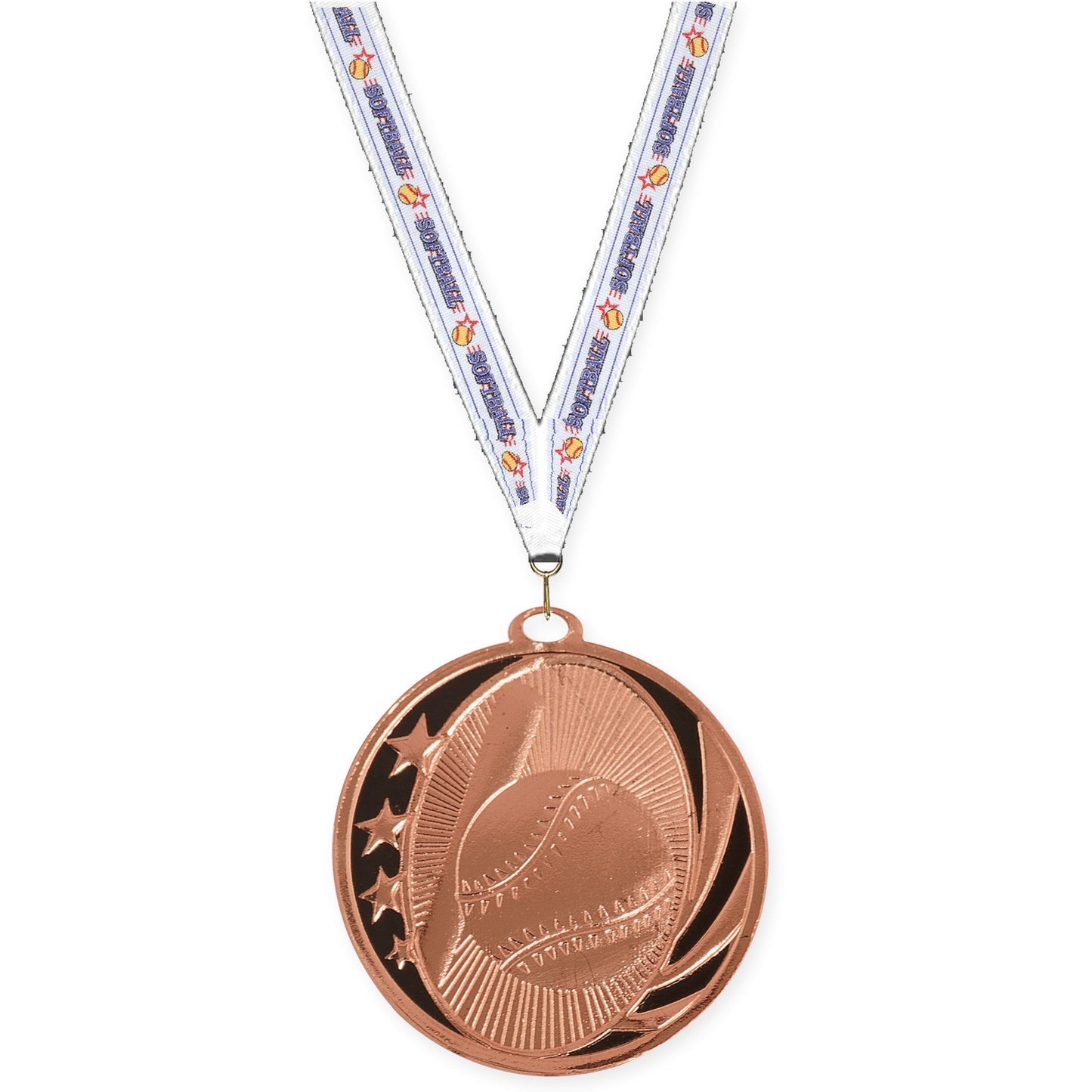 2 inch baseball and softball MidNite Star medal in bright bronze with Softball neck ribbon