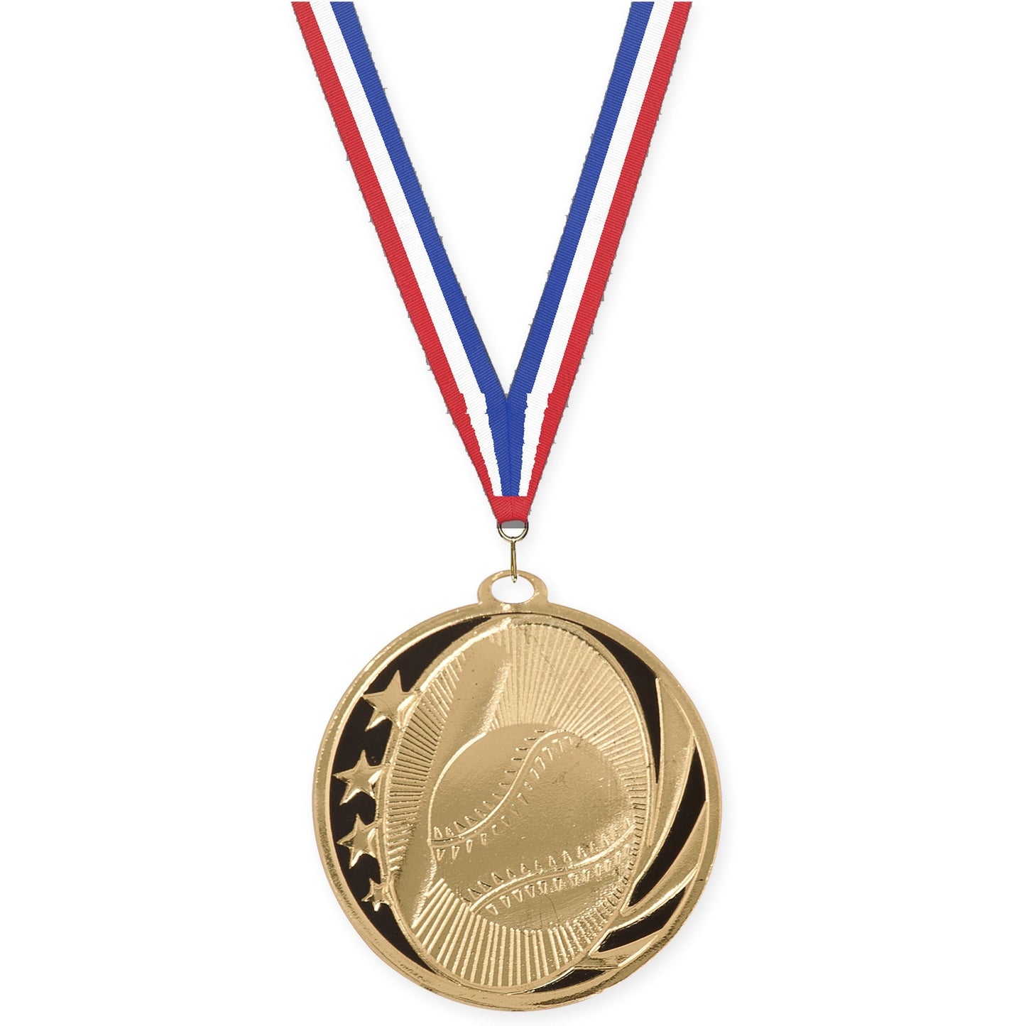 2 inch baseball and softball MidNite Star medal in bright gold with Red White Blue neck ribbon