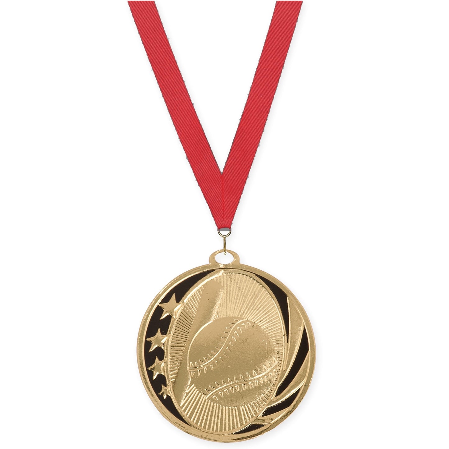 2 inch baseball and softball MidNite Star medal in bright gold with Red neck ribbon