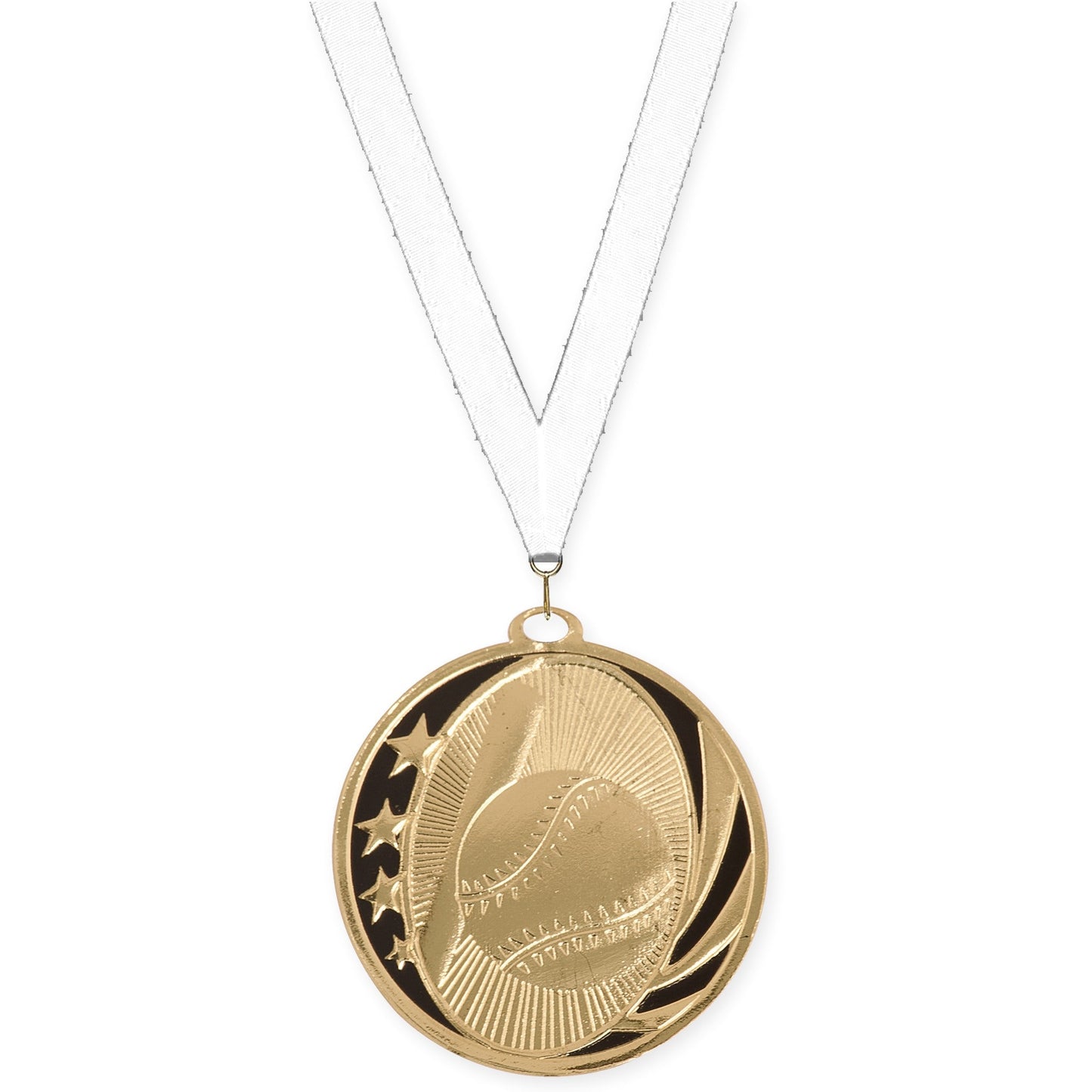2 inch baseball and softball MidNite Star medal in bright gold with White neck ribbon