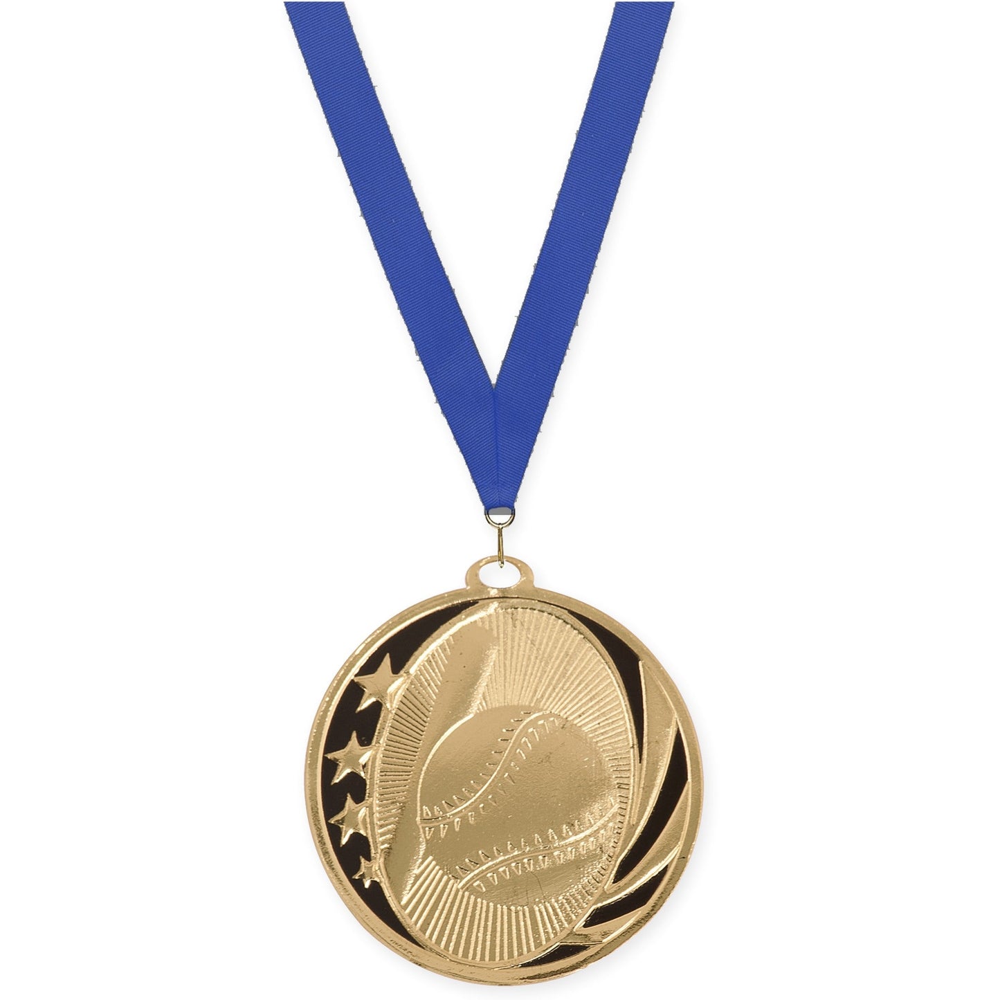 2 inch baseball and softball MidNite Star medal in bright gold with Blue neck ribbon