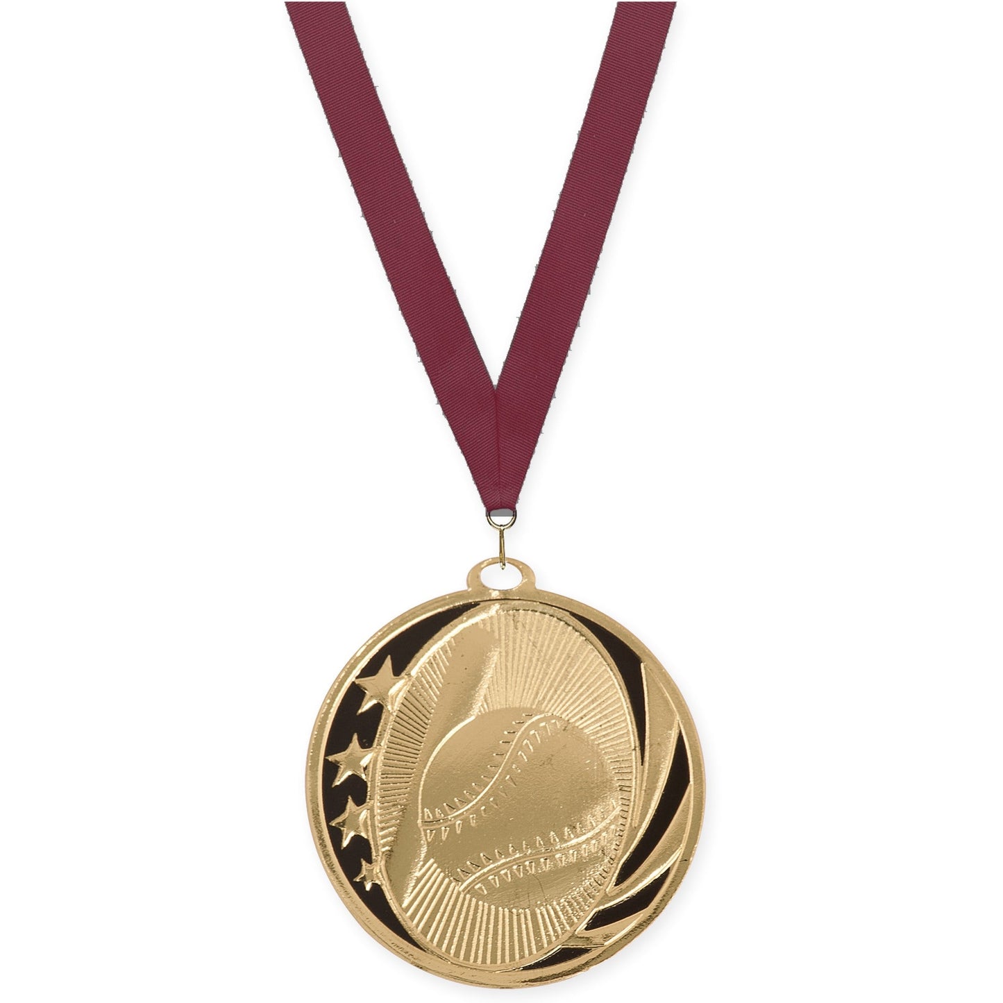 2 inch baseball and softball MidNite Star medal in bright gold with Maroon neck ribbon