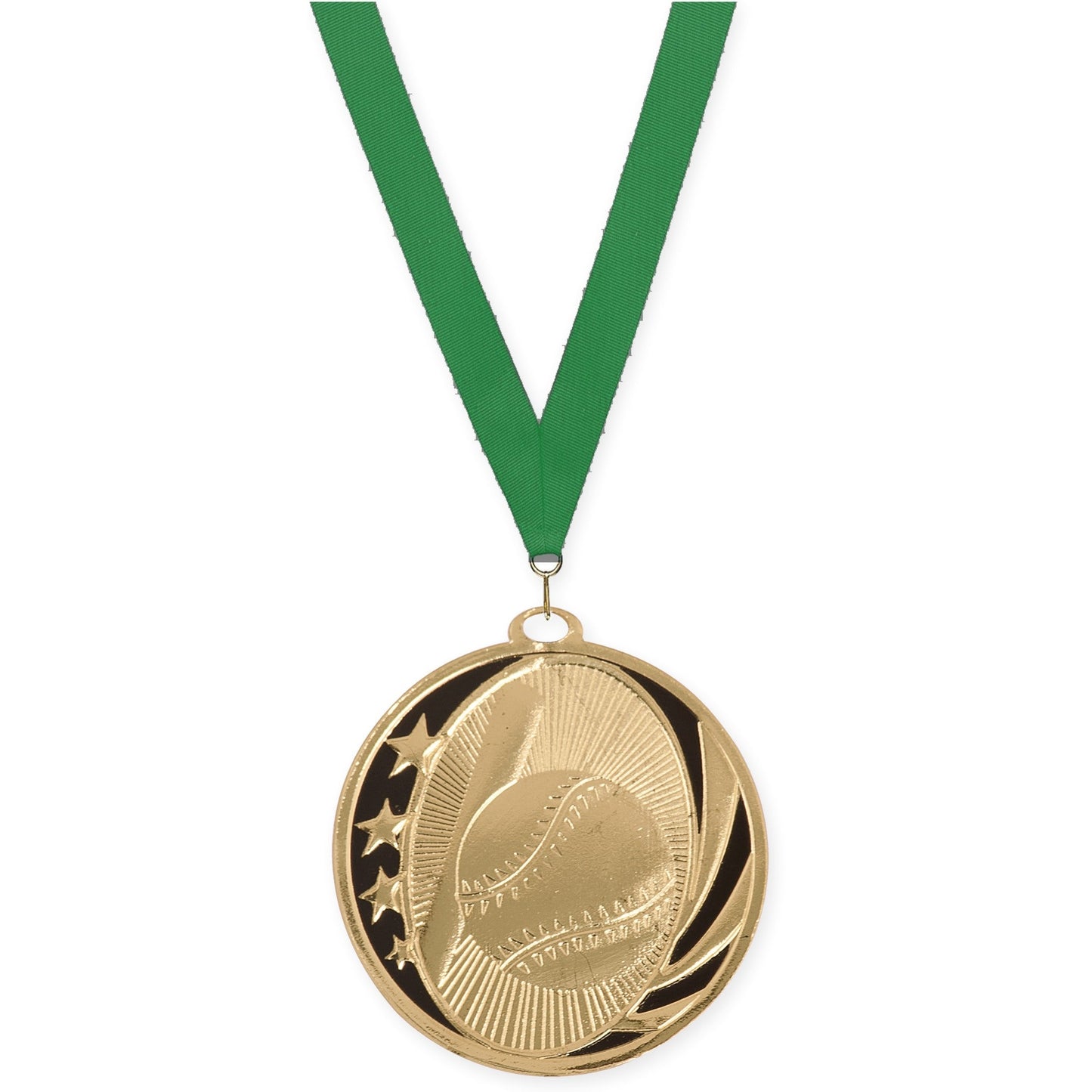 2 inch baseball and softball MidNite Star medal in bright gold with Green neck ribbon