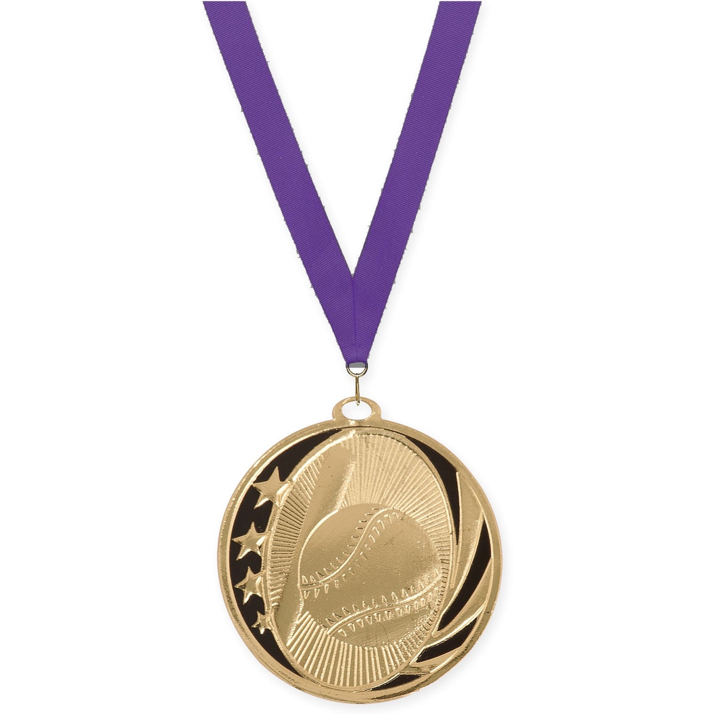 2 inch baseball and softball MidNite Star medal in bright gold with Purple neck ribbon