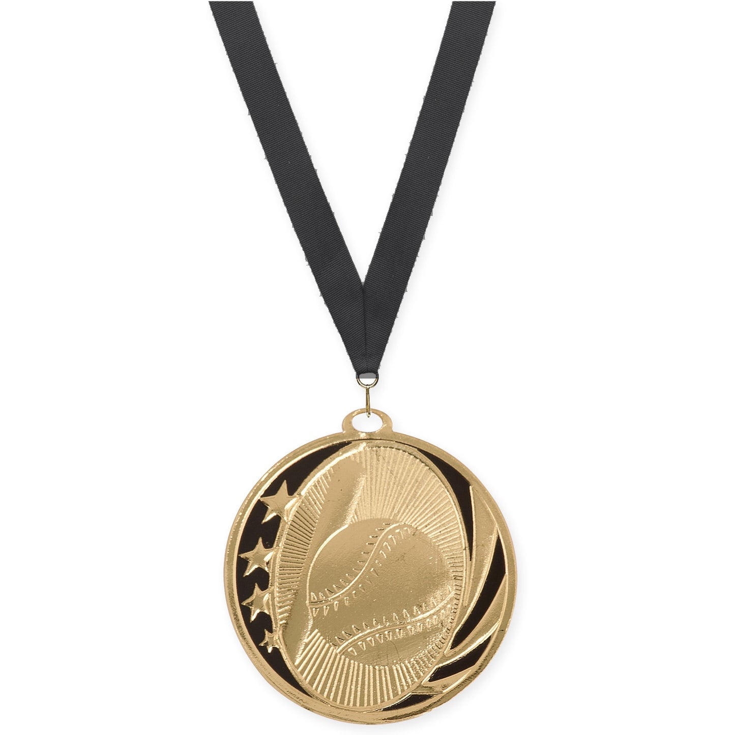 2 inch baseball and softball MidNite Star medal in bright gold with Black neck ribbon