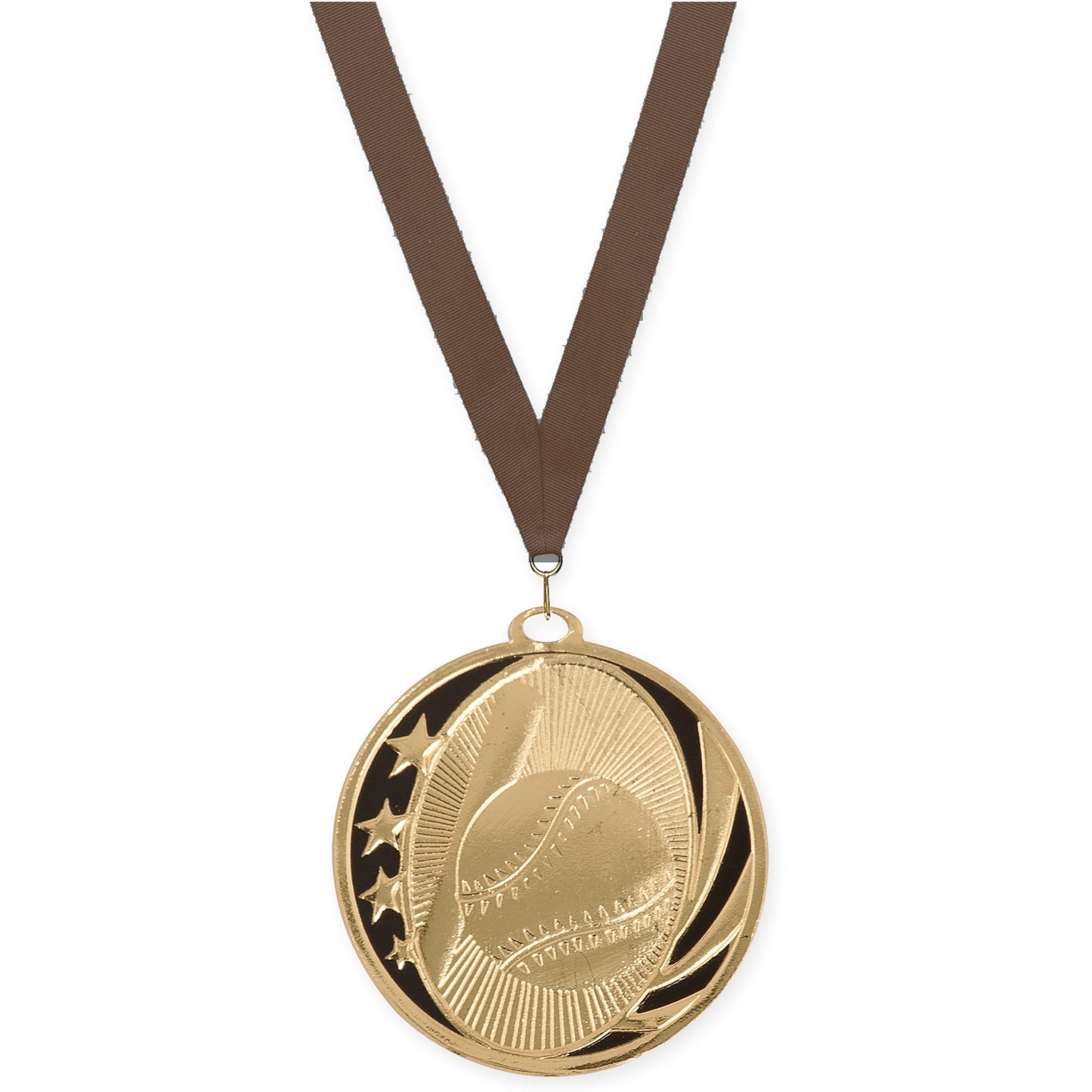 2 inch baseball and softball MidNite Star medal in bright gold with Brown neck ribbon