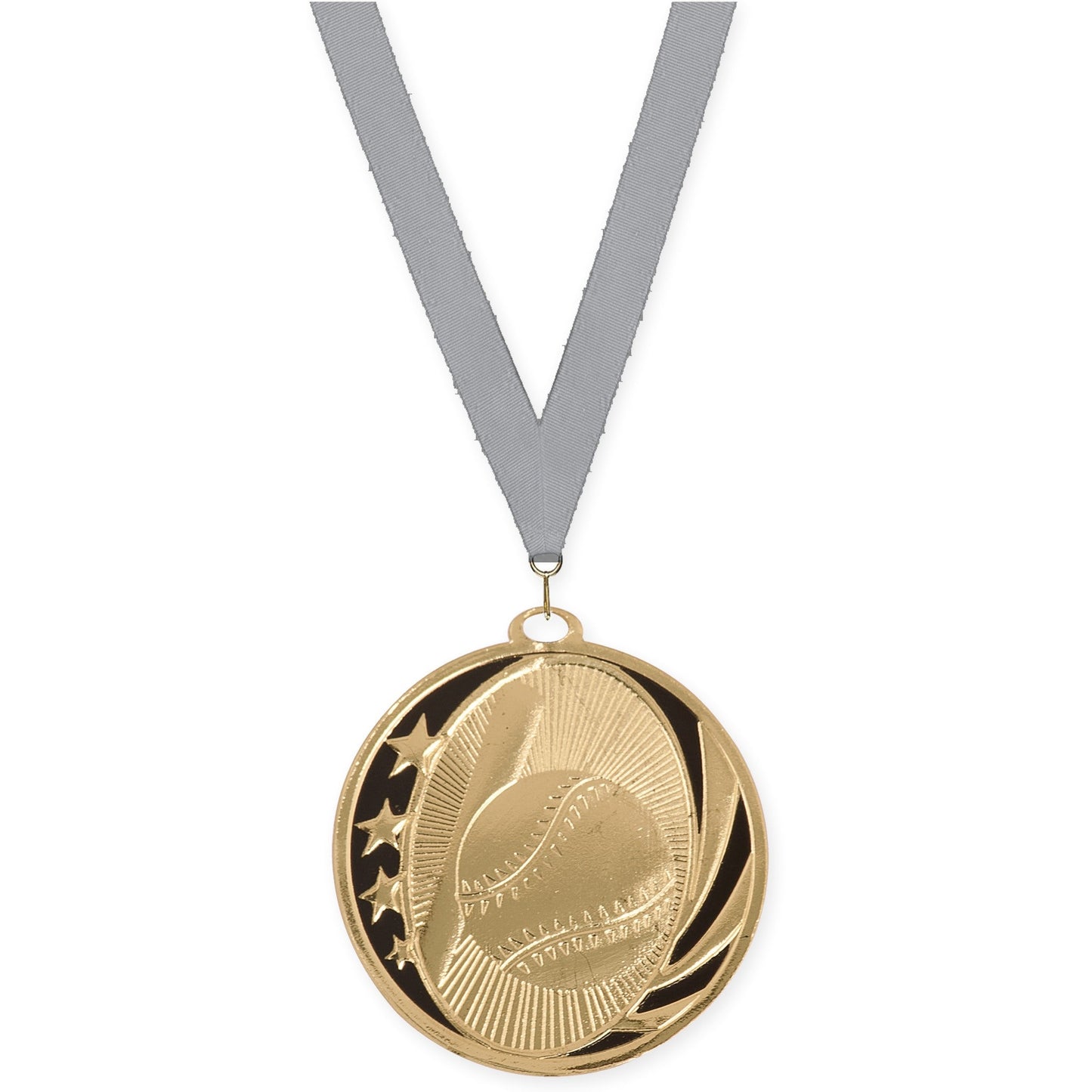 2 inch baseball and softball MidNite Star medal in bright gold with Gray neck ribbon