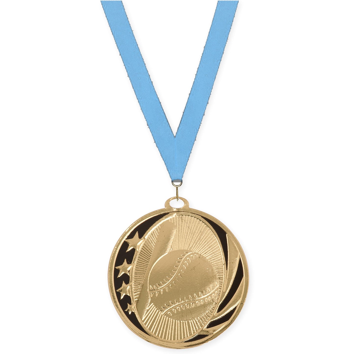 2 inch baseball and softball MidNite Star medal in bright gold with Light Blue neck ribbon