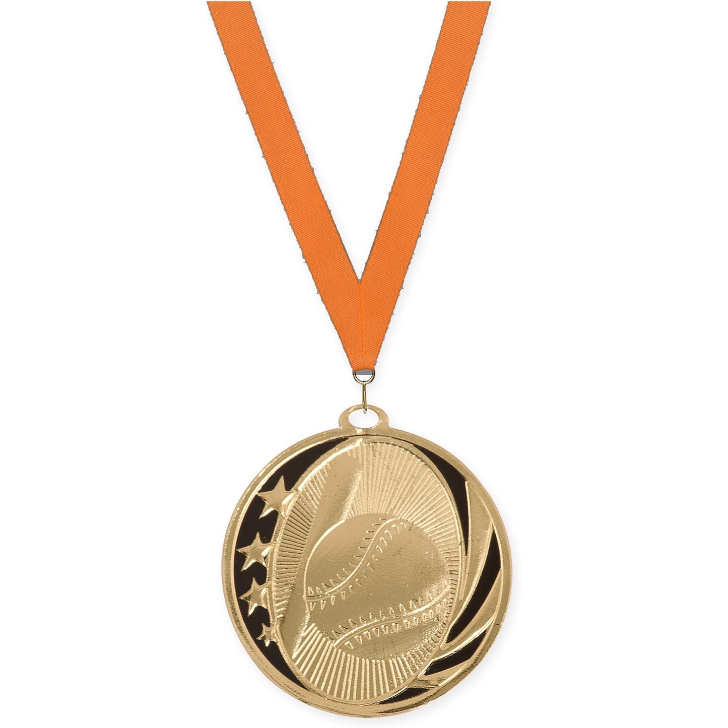 2 inch baseball and softball MidNite Star medal in bright gold with Orange neck ribbon