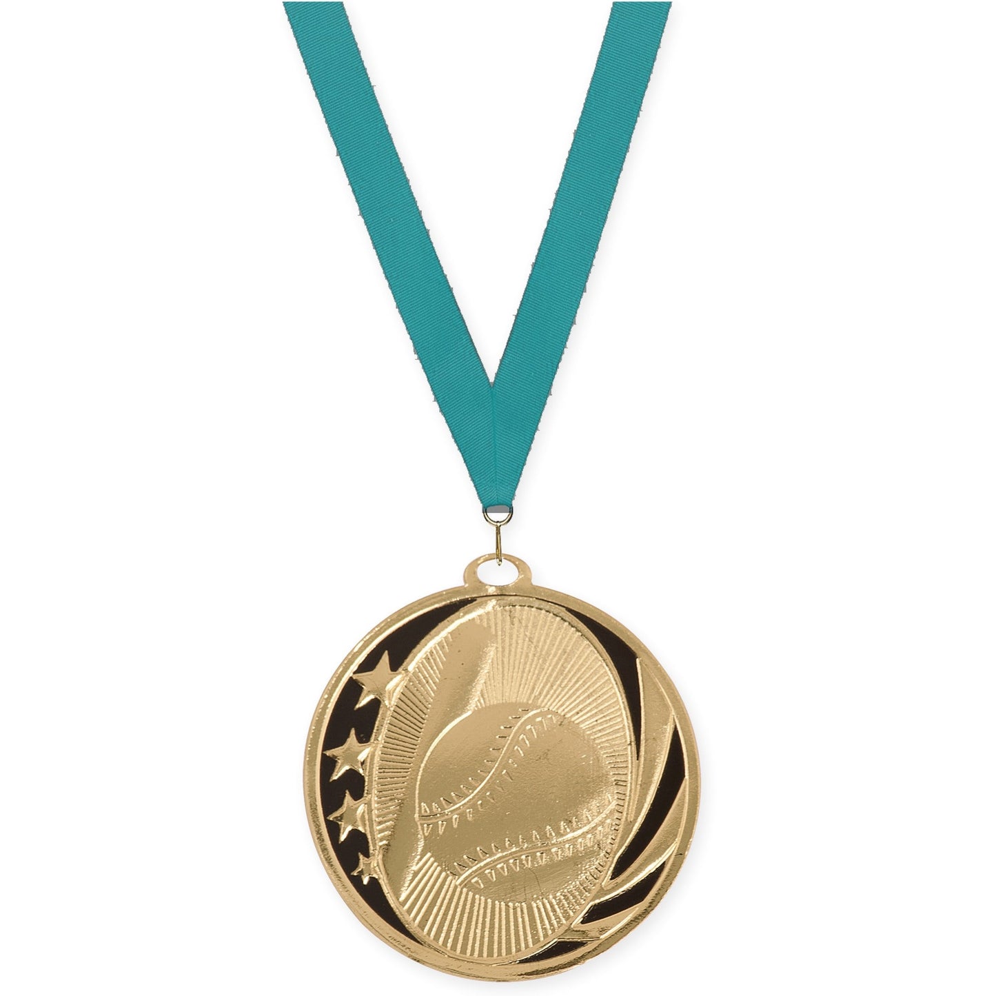 2 inch baseball and softball MidNite Star medal in bright gold with Teal neck ribbon