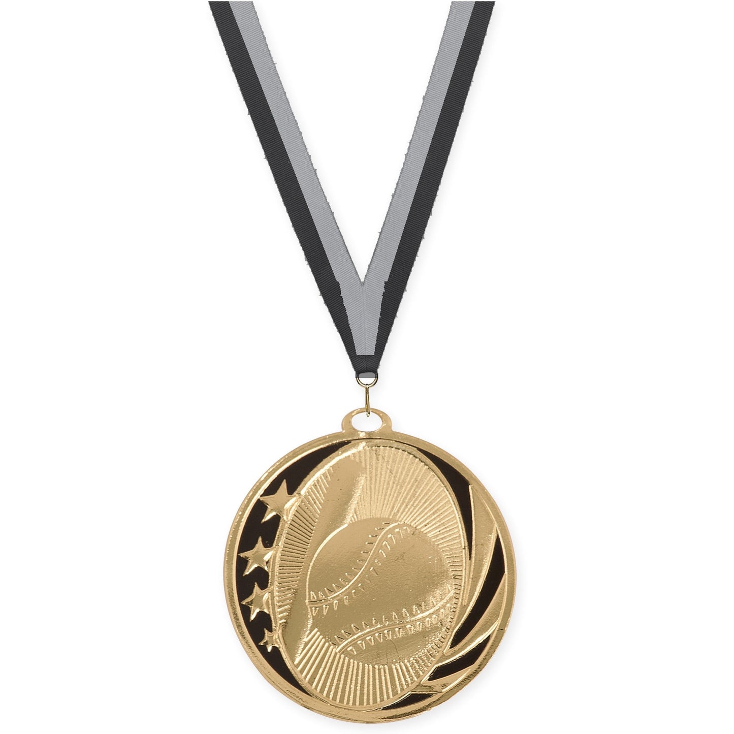 2 inch baseball and softball MidNite Star medal in bright gold with Black Gray neck ribbon