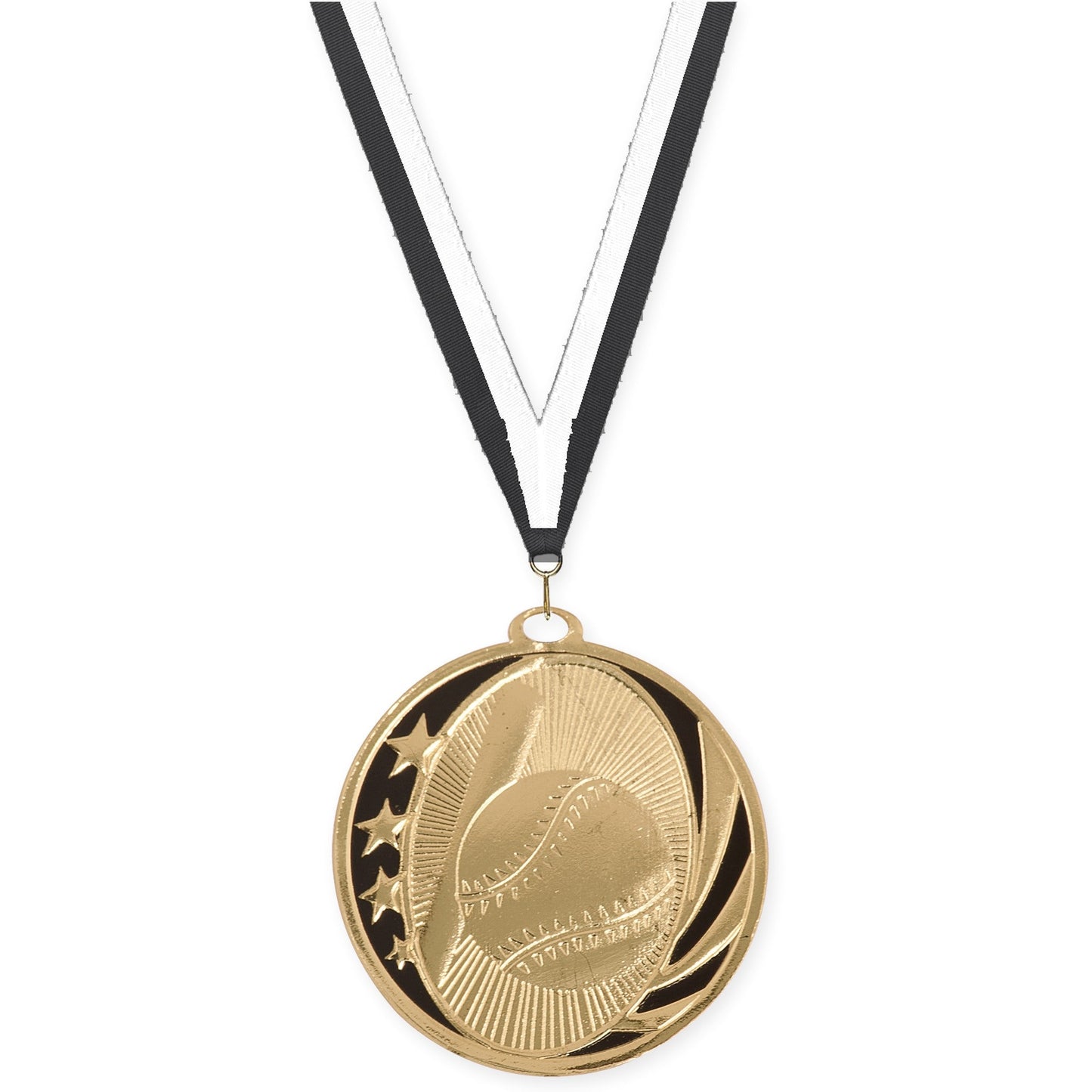 2 inch baseball and softball MidNite Star medal in bright gold with Black White neck ribbon