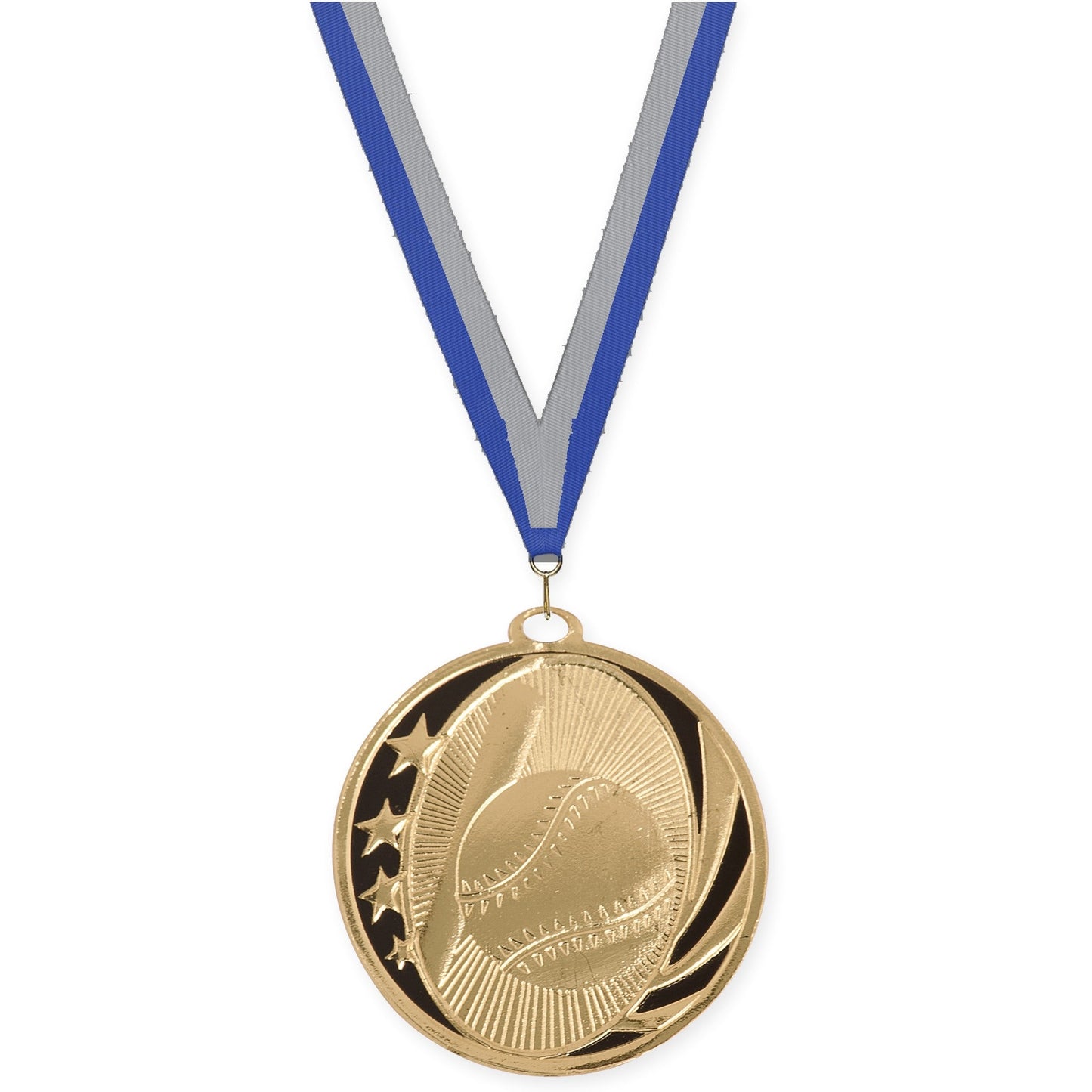 2 inch baseball and softball MidNite Star medal in bright gold with Blue Gray neck ribbon