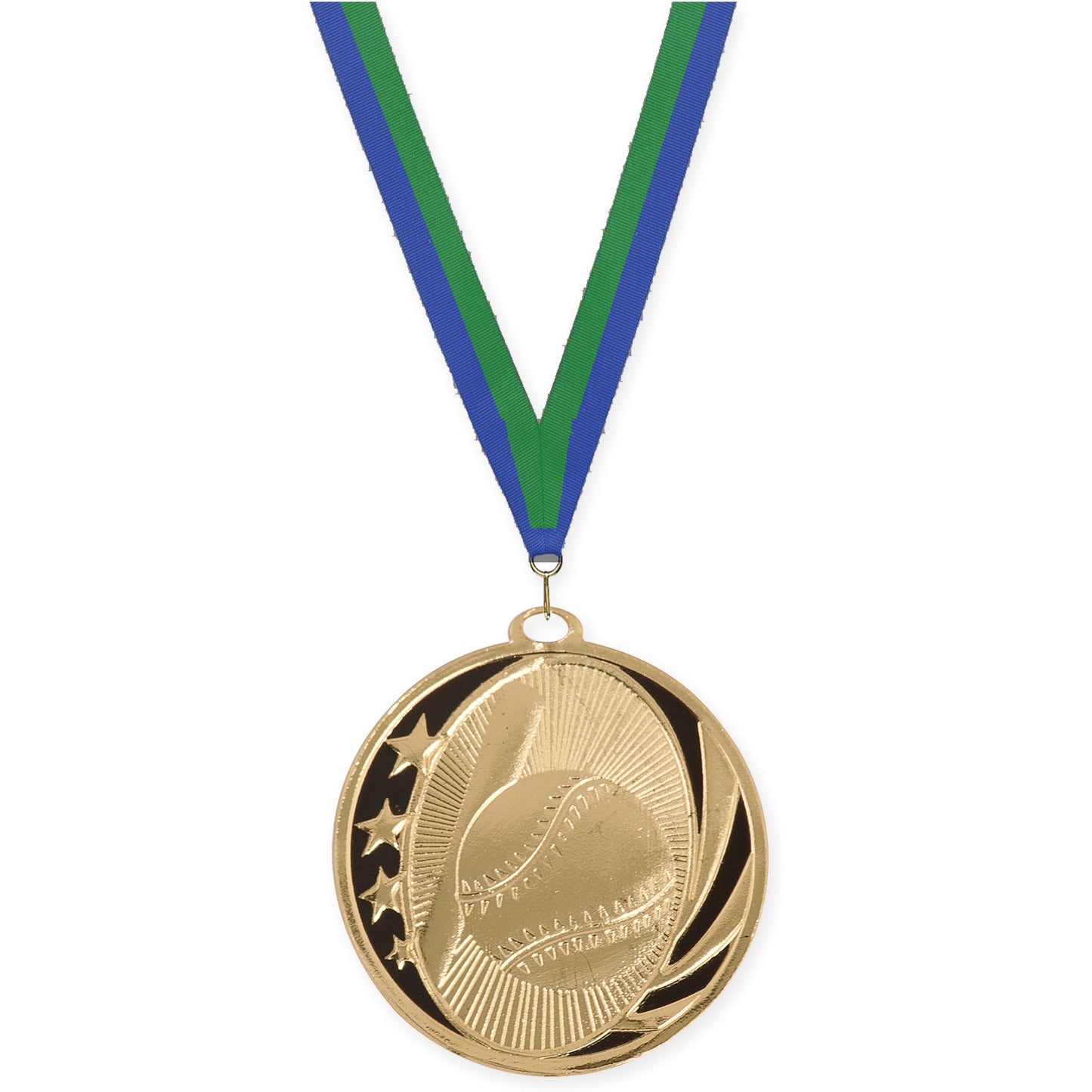 2 inch baseball and softball MidNite Star medal in bright gold with Blue Green neck ribbon