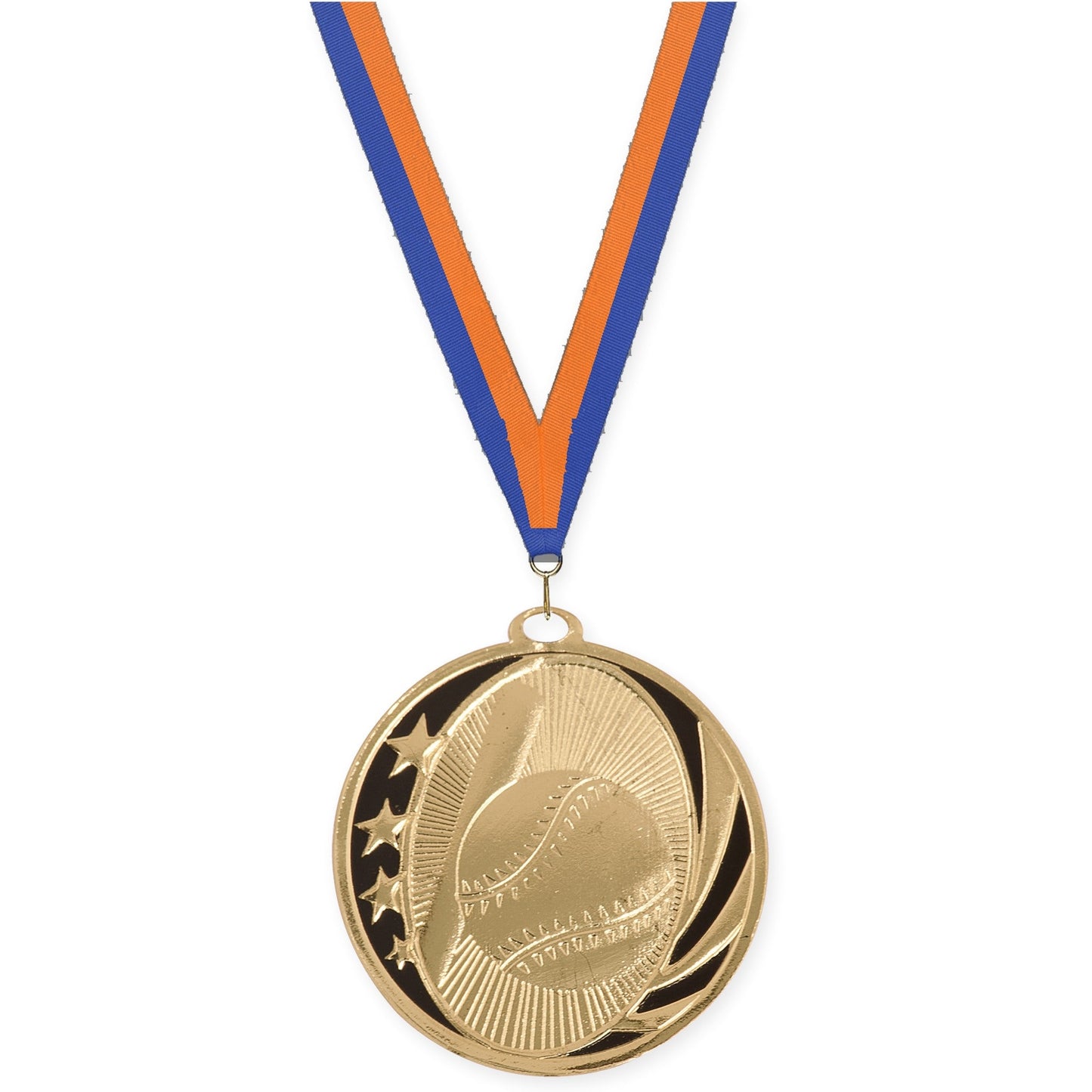 2 inch baseball and softball MidNite Star medal in bright gold with Blue Orange neck ribbon