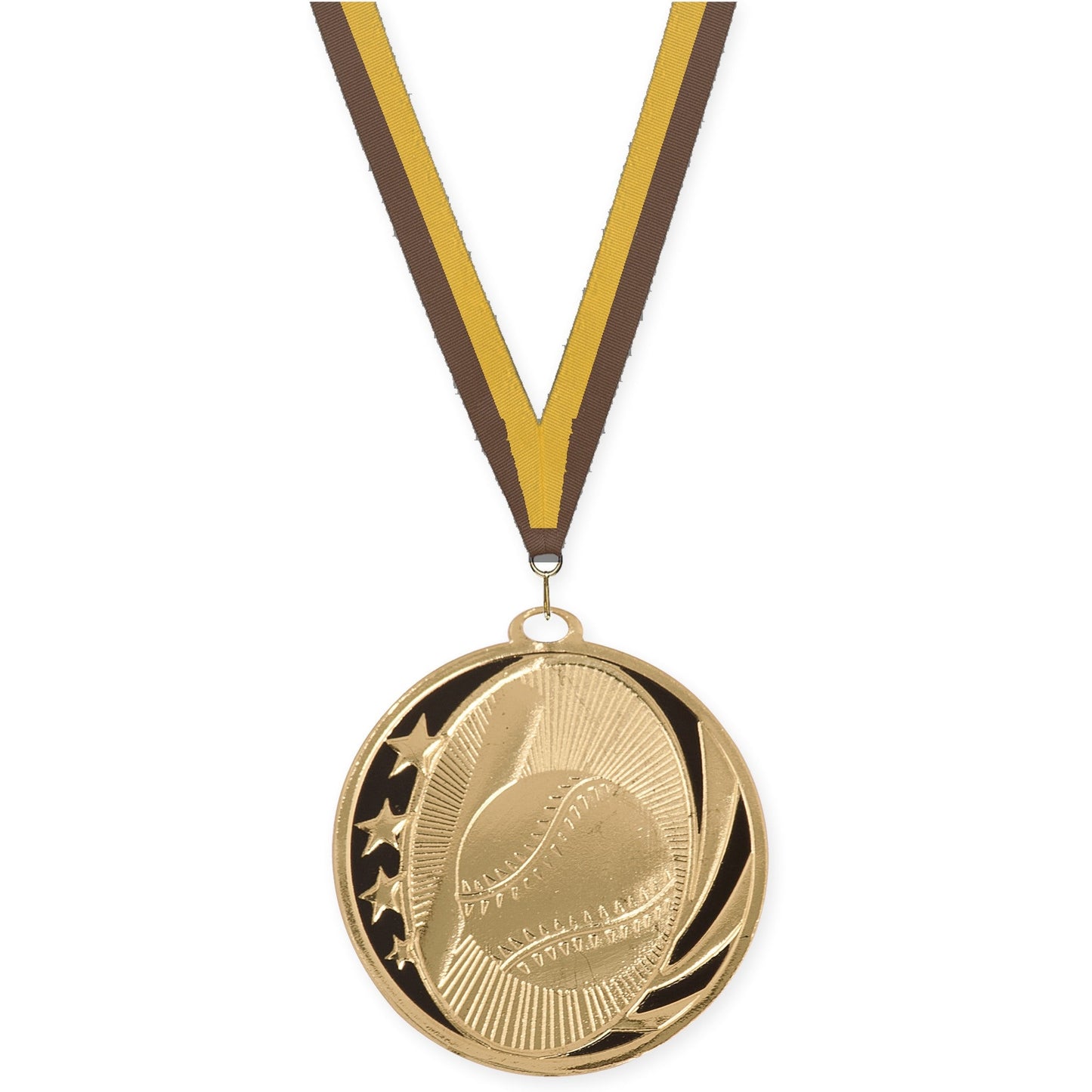 2 inch baseball and softball MidNite Star medal in bright gold with Brown Gold neck ribbon